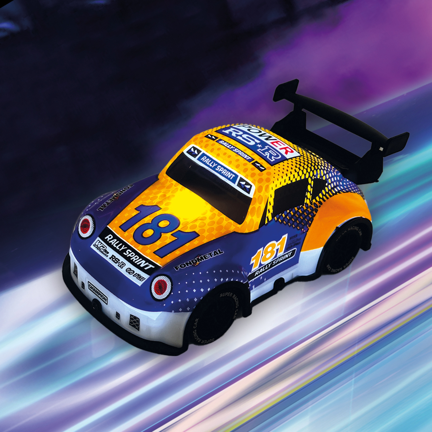 Speelgoed raceauto. Geel, blauw en oranje.
