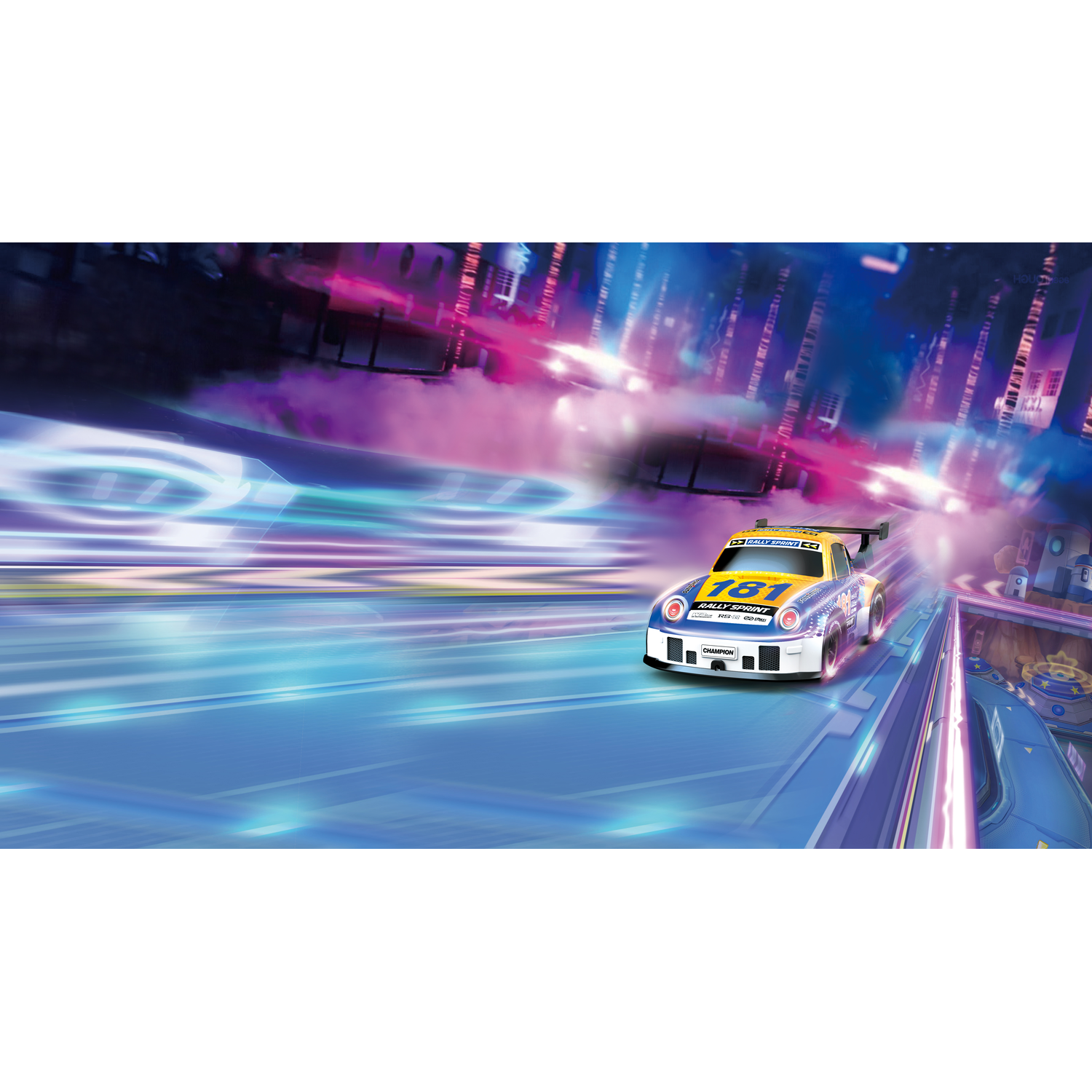 Een speelgoed raceauto die door een futuristisch stadslandschap racet. De auto is blauw en wit.