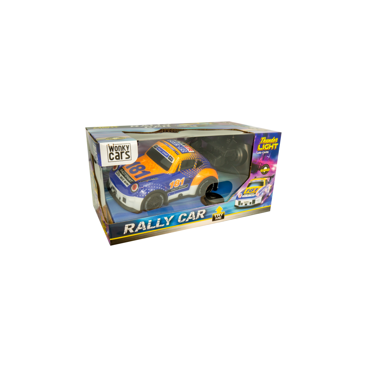 Speelgoed rallyauto in een doos. De auto is blauw en oranje, met het label "181". De doos heeft tekst.