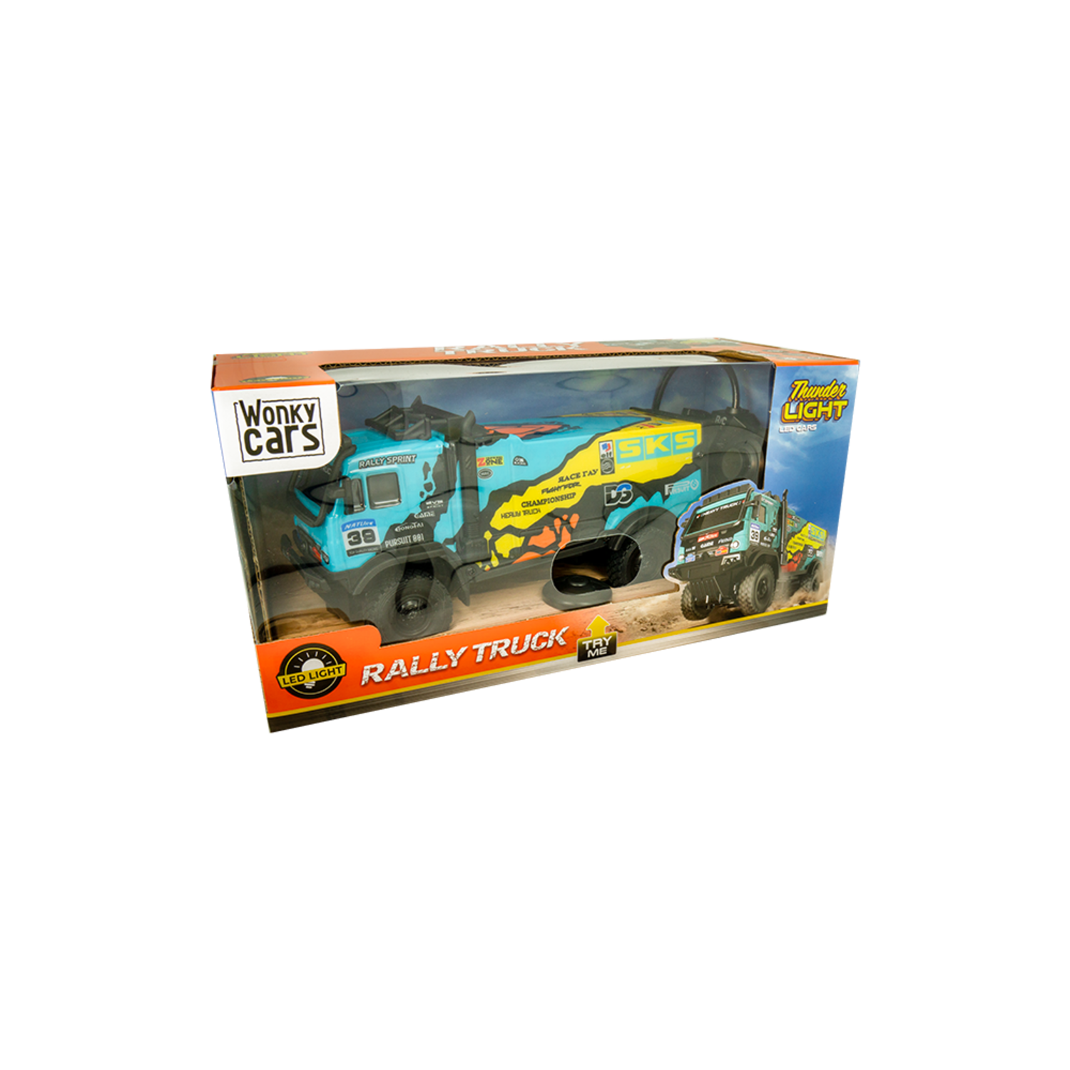 A toy rally truck is in a box. The truck is blue and has the words 'RALLY TRUCK' on it.