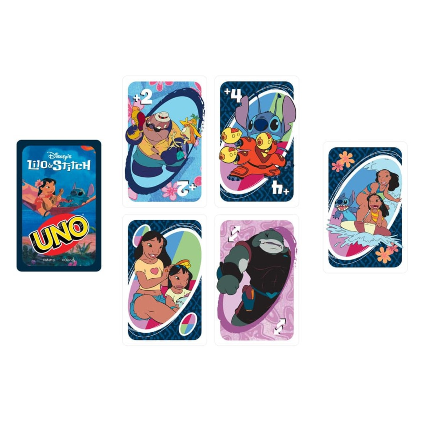 Cartes Uno avec des personnages de Lilo & Stitch. Plusieurs cartes présentées sur fond blanc.
