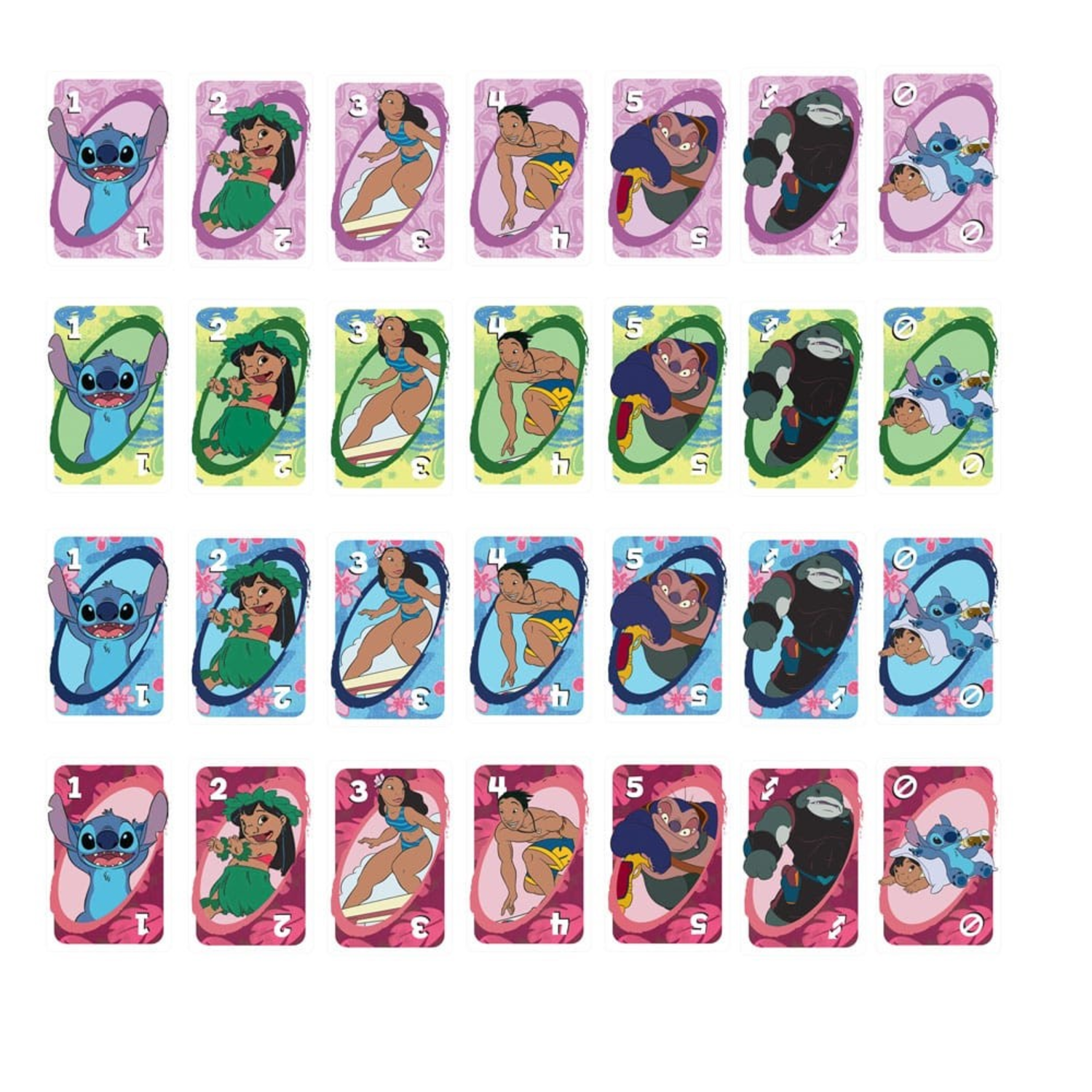 Cartes Uno avec des personnages de Lilo & Stitch. Les cartes sont disposées en rangées et colonnes.