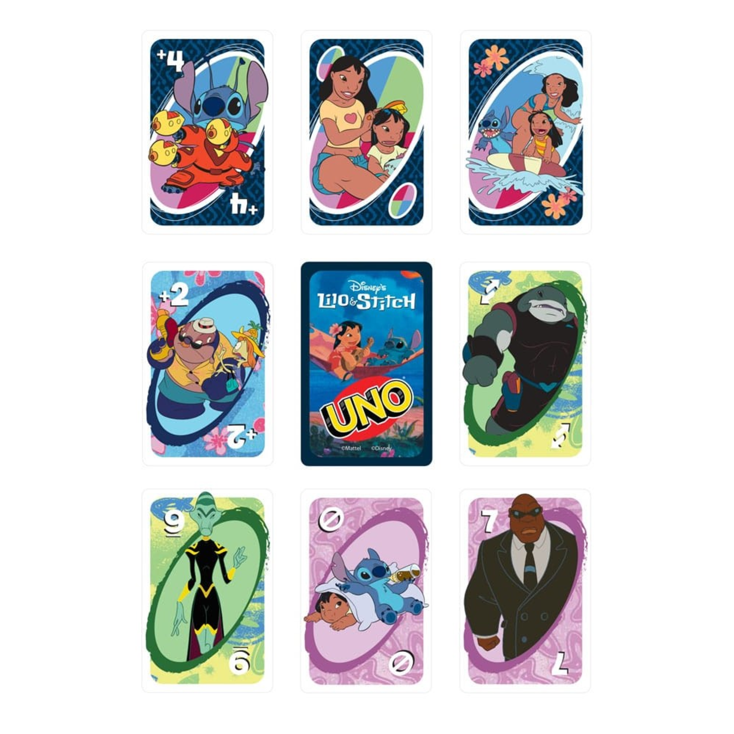 Jeu de cartes Uno Disney Lilo & Stitch avec diverses cartes de personnages.