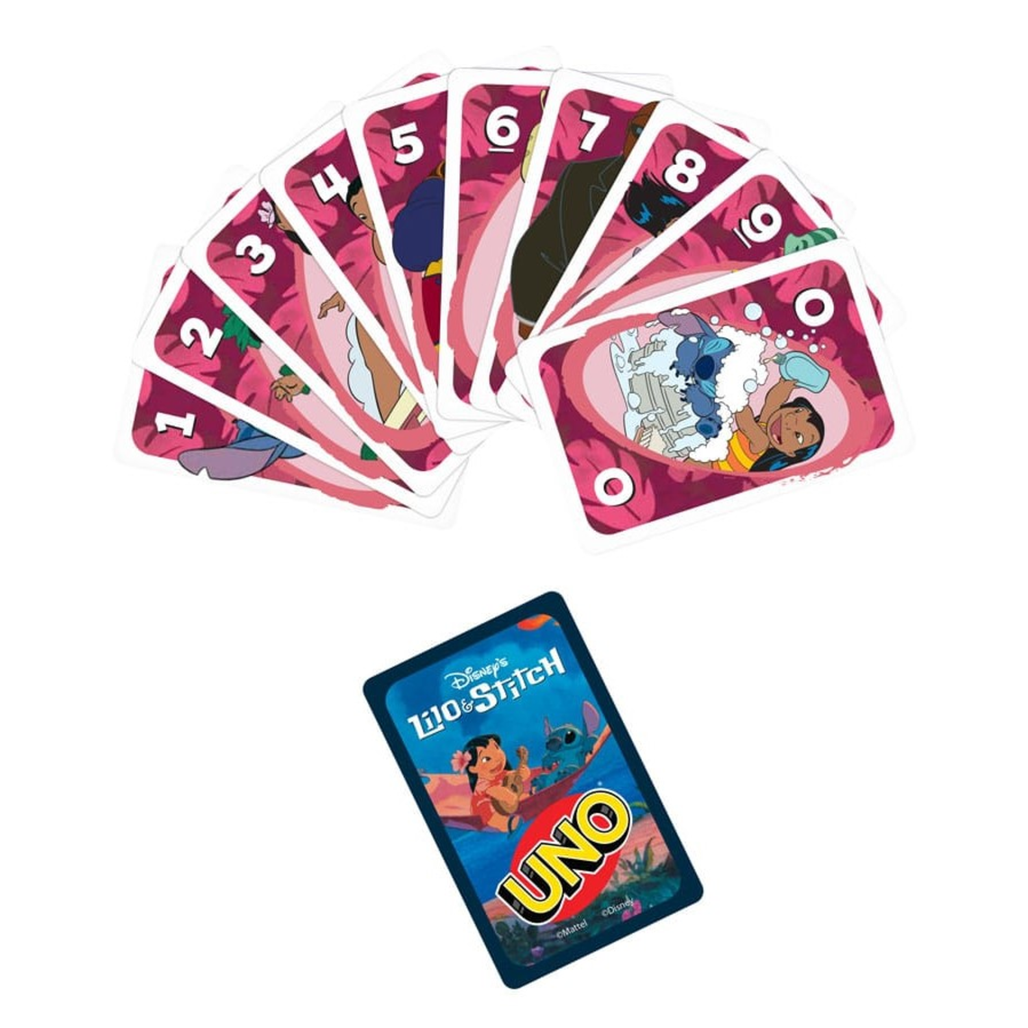 Jeu de cartes Uno Lilo & Stitch. Un éventail de cartes et la boîte sont montrés. Les cartes présentent des personnages et des chiffres.