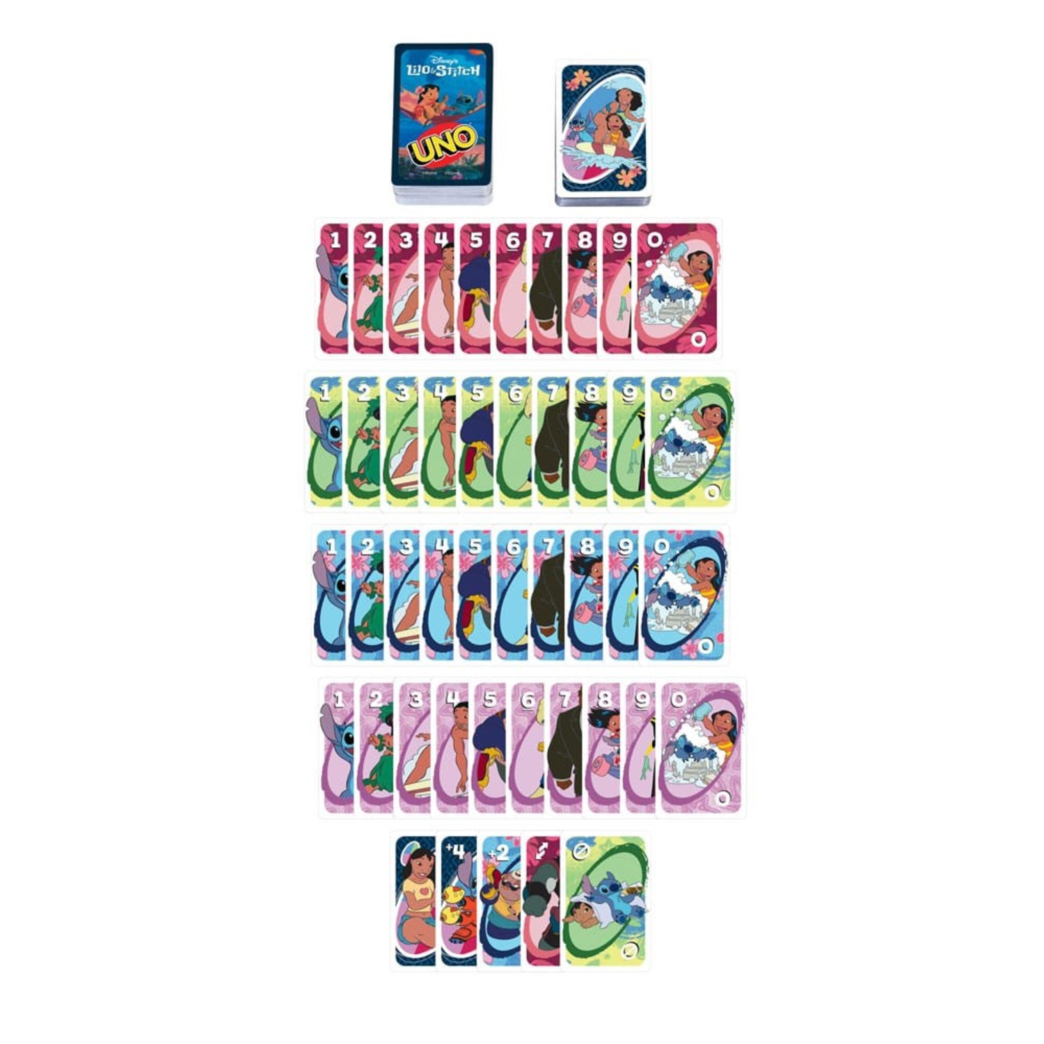 Jeu de cartes UNO Lilo et Stitch. Les cartes sont affichées, montrant les personnages et les chiffres. Fond coloré.