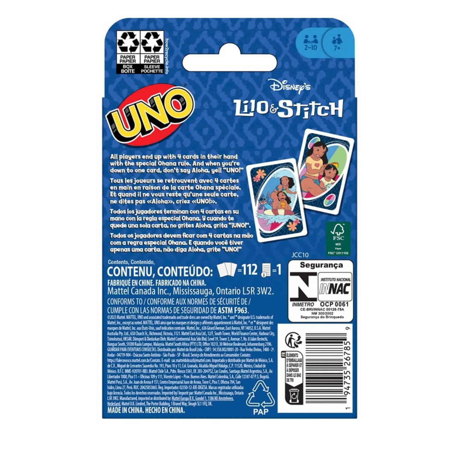 Boîte de jeu de cartes UNO, face avec des personnages de Lilo & Stitch et dos avec des détails du produit.