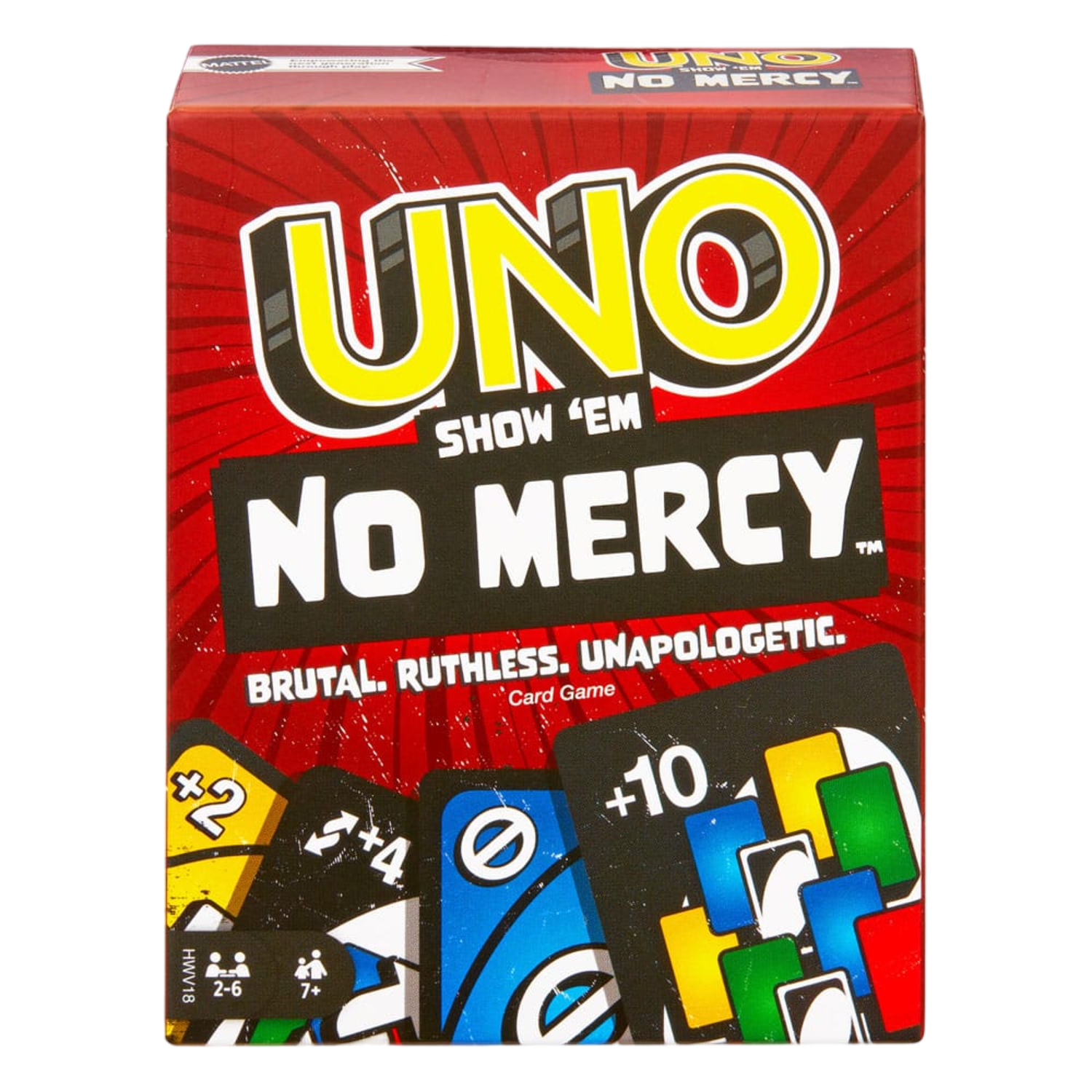 Boîte de jeu de cartes Uno No Mercy sur fond noir. Boîte rouge avec texte jaune et cartes colorées.