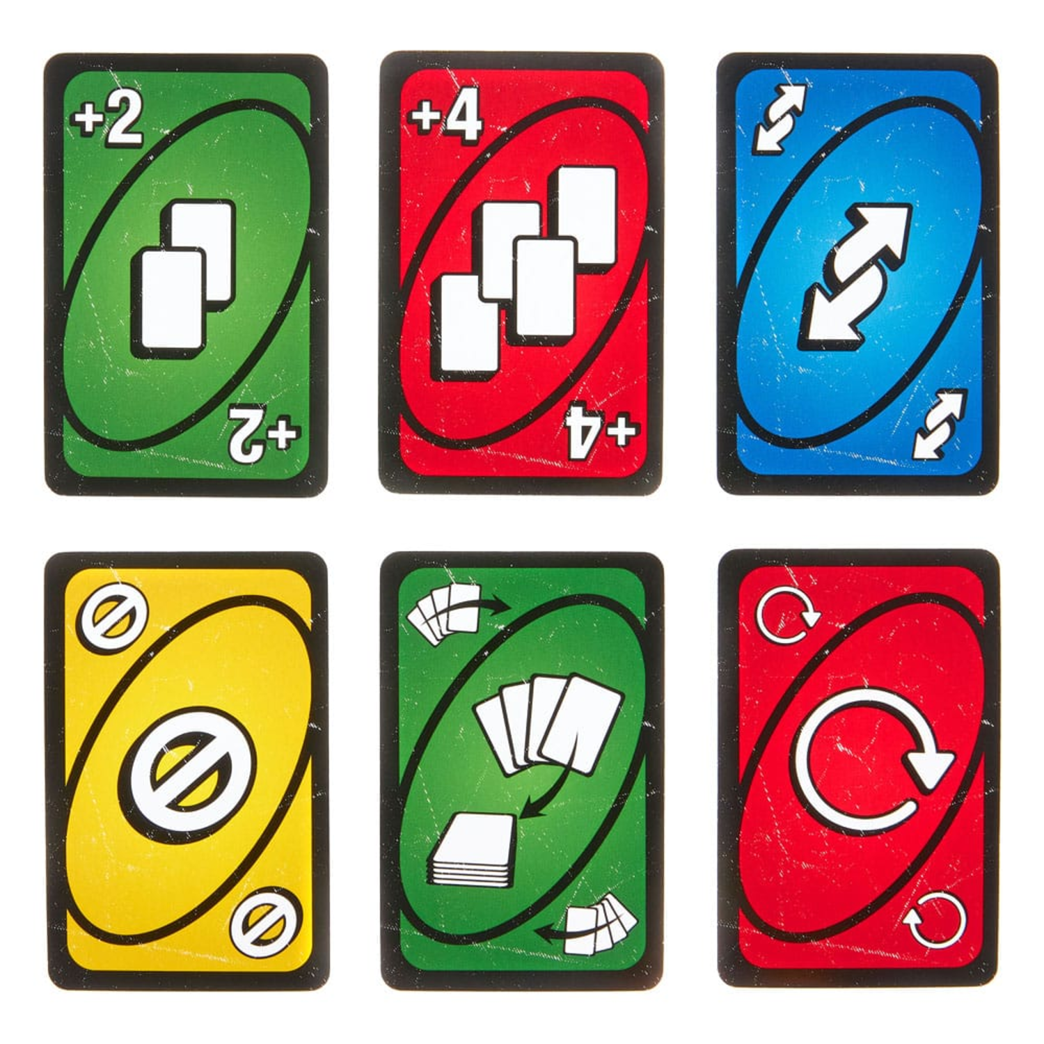 Six cartes de jeu Uno, montrant diverses cartes d'action et de chiffres.