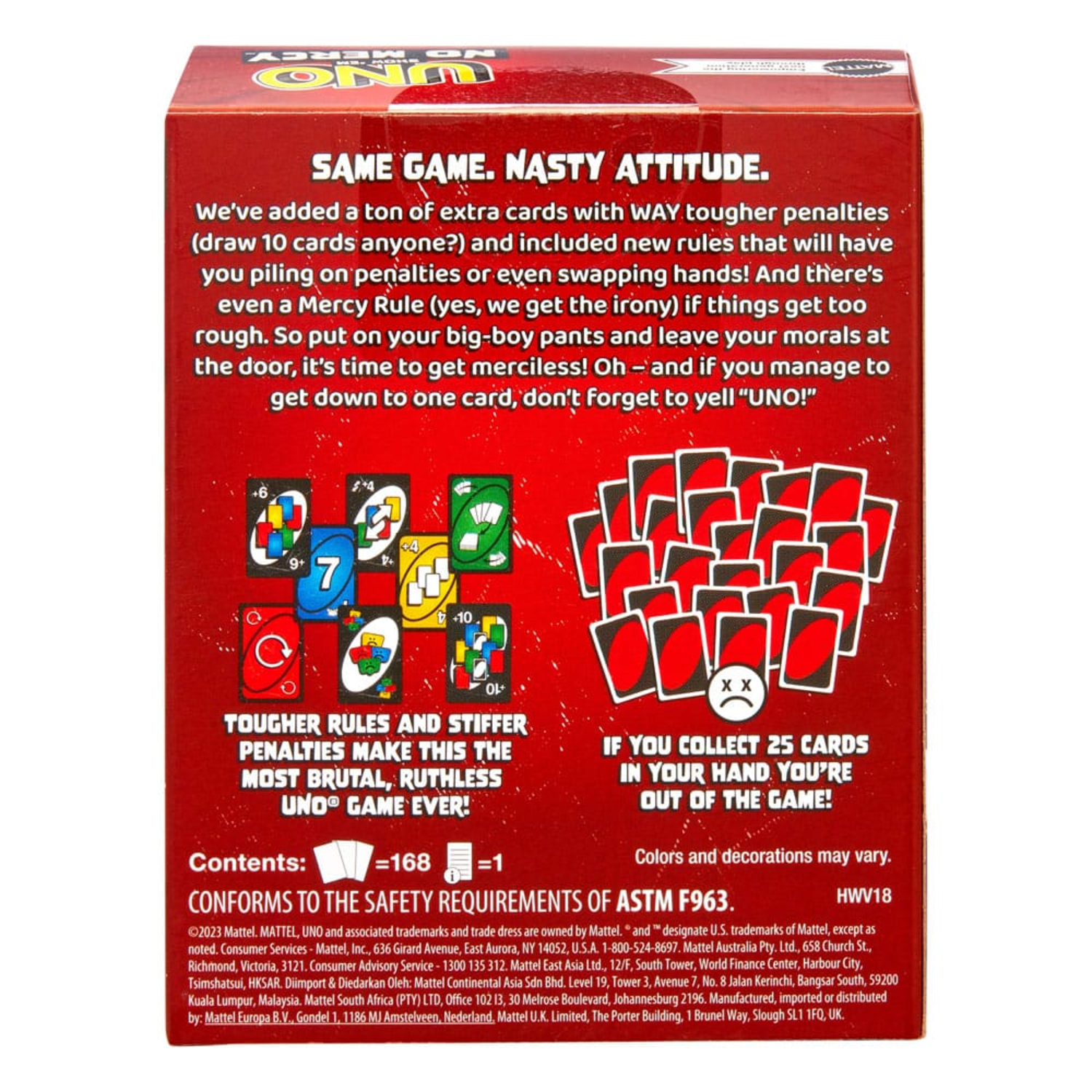 Boîte de jeu de cartes Uno. Boîte rouge avec cartes et texte. La boîte est sur une surface blanche.
