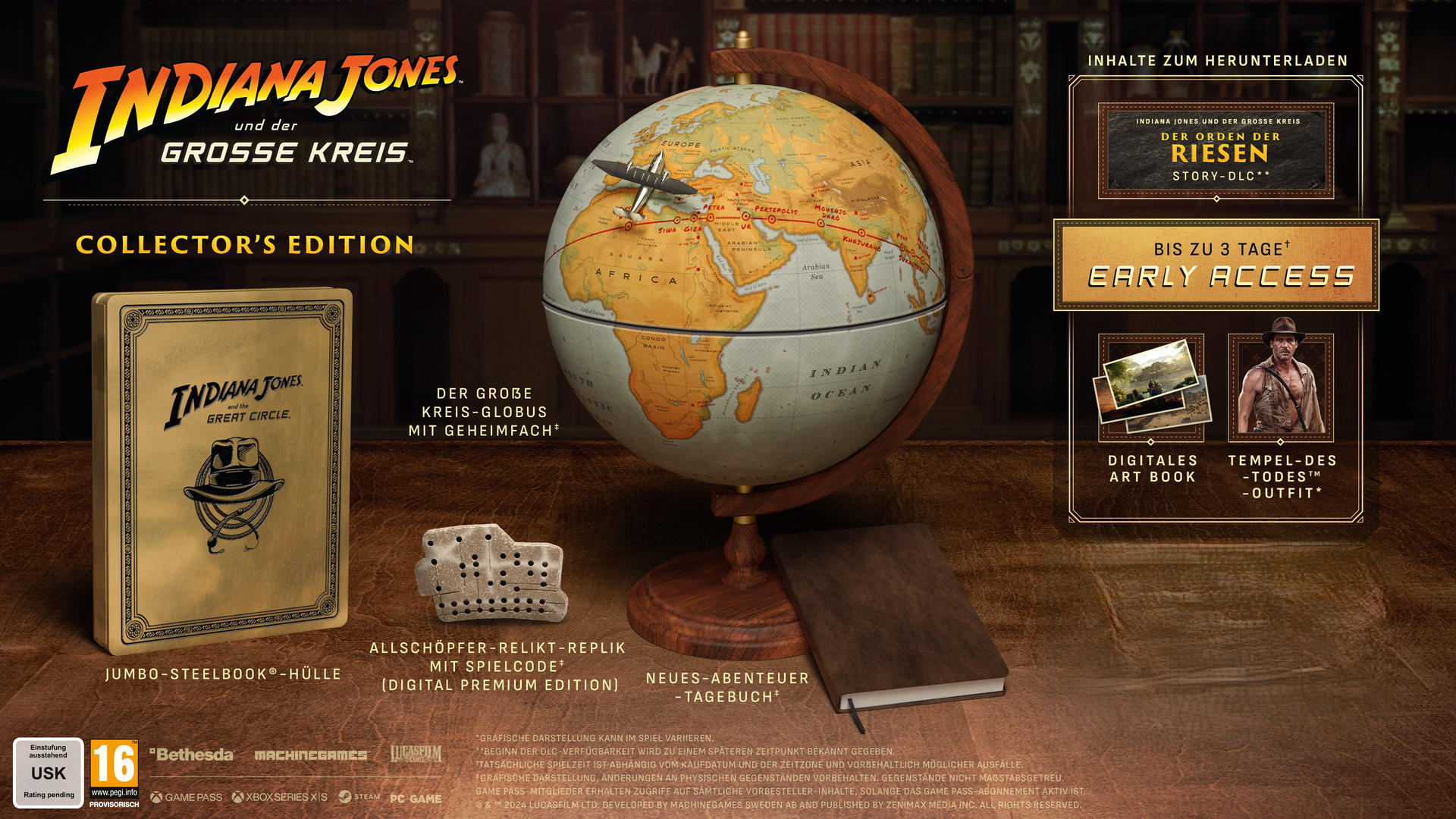 Spielbox mit Indiana Jones-Thema. Enthält einen Globus, eine Karte und den Spieletitel.