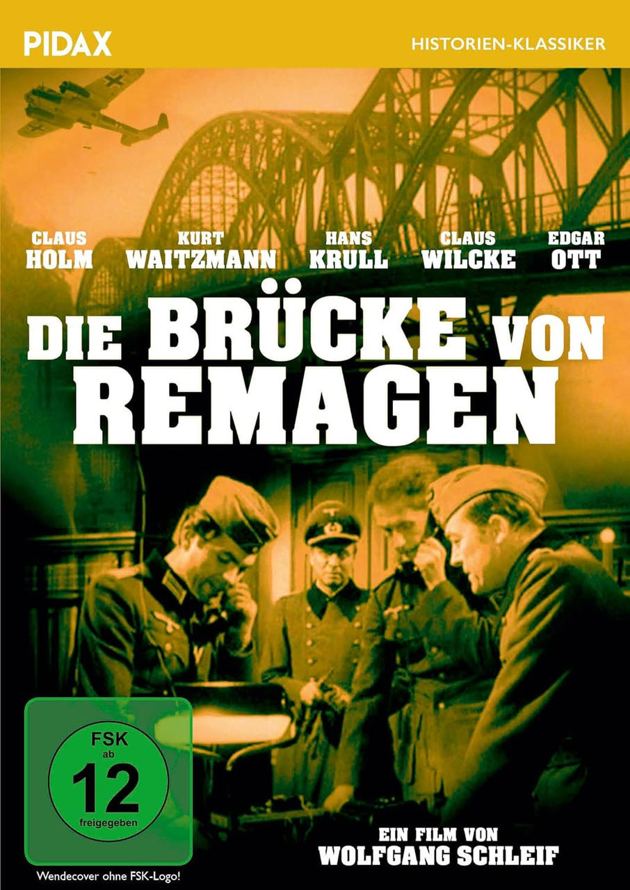 Filmplakat. Titel: 'Die Brücke von Remagen'. Soldaten und Brücke sind sichtbar.