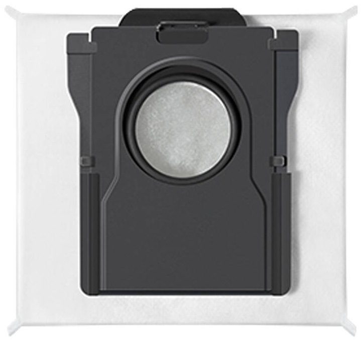 Czarny filtr do odkurzacza z okrągłą siatką pośrodku, na białej powierzchni.