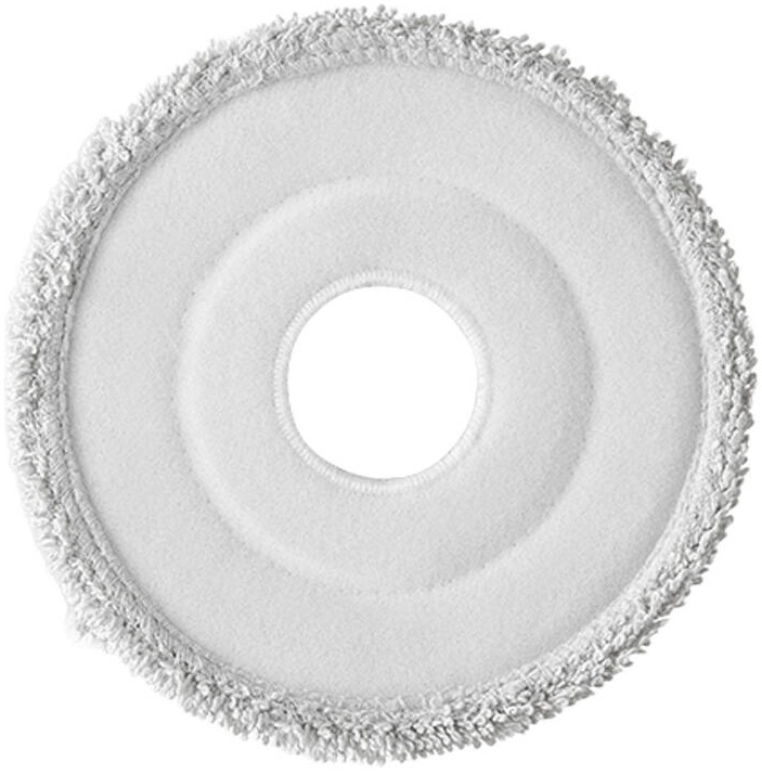 Biała okrągła nakładka do mopa z centralnym otworem i szarą, postrzępioną obwódką zewnętrzną, na białej powierzchni.