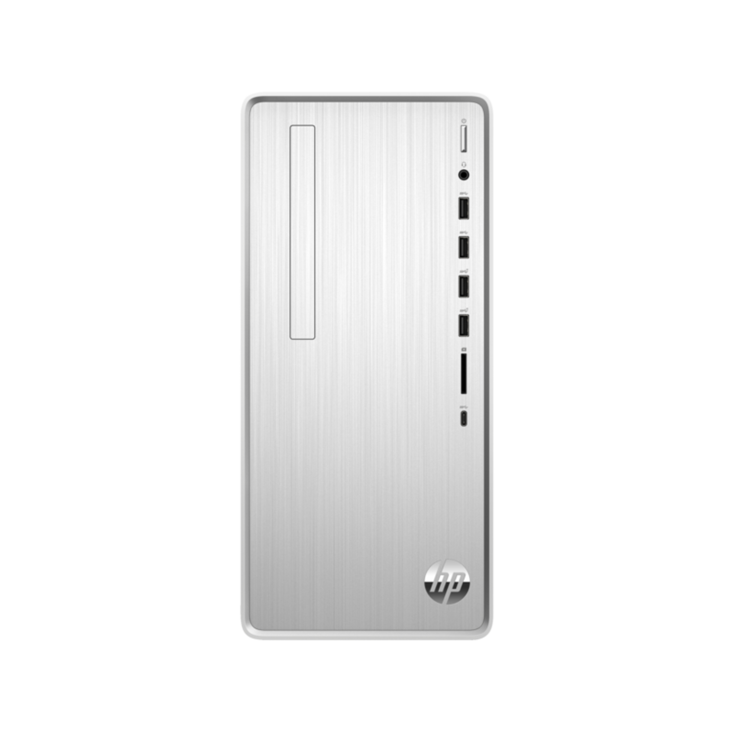 Een witte HP desktopcomputer. De voorkant heeft een verticale streep en diverse poorten.