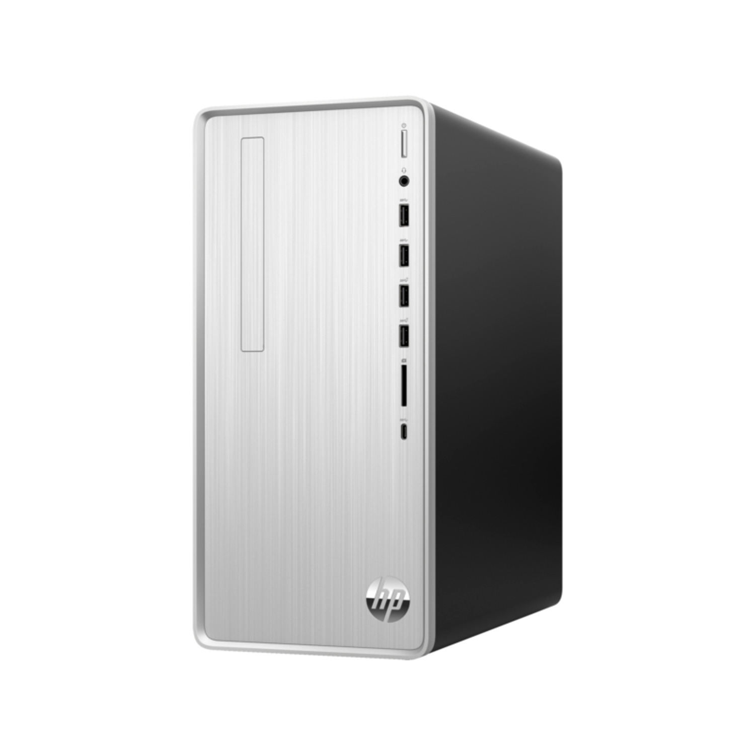 Een zilverzwarte desktop computertoren. Het voorpaneel bevat USB-poorten en andere connectoren.