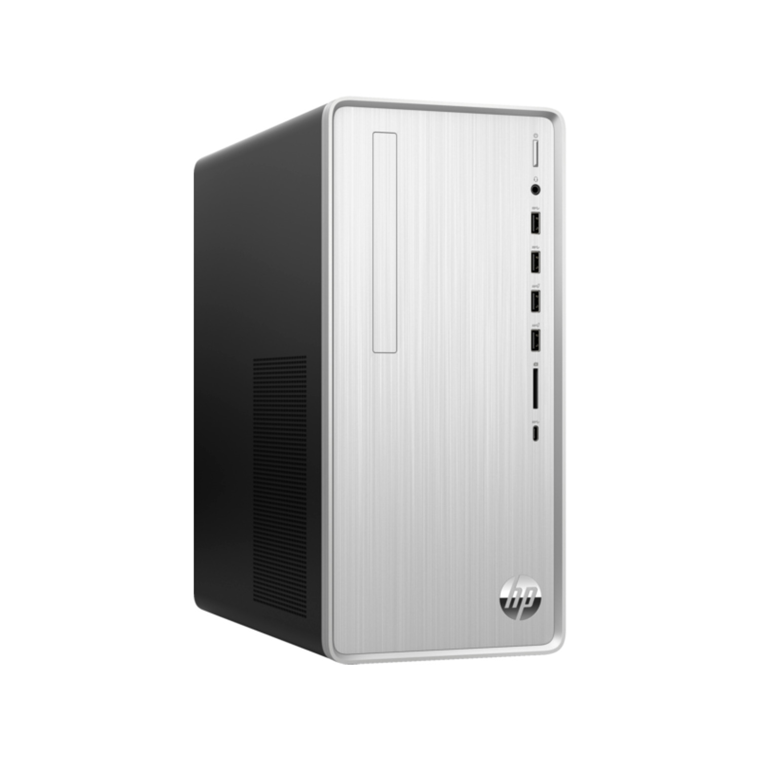 HP desktopcomputer, zilver en zwart. Witte achtergrond.