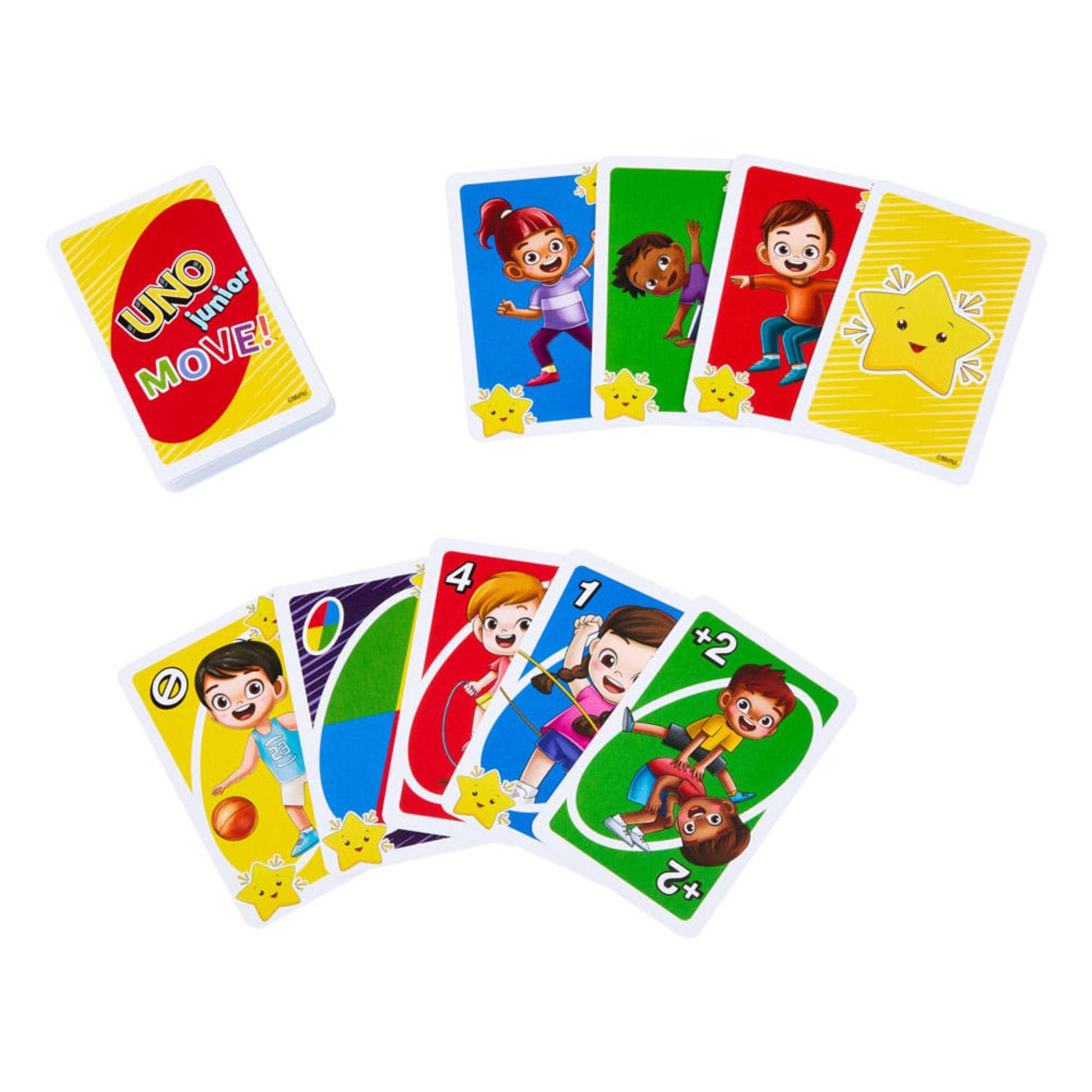 Uno Junior kaartspel; kaarten met stripfiguren, inclusief de 'UNO MOVE!'-kaart.