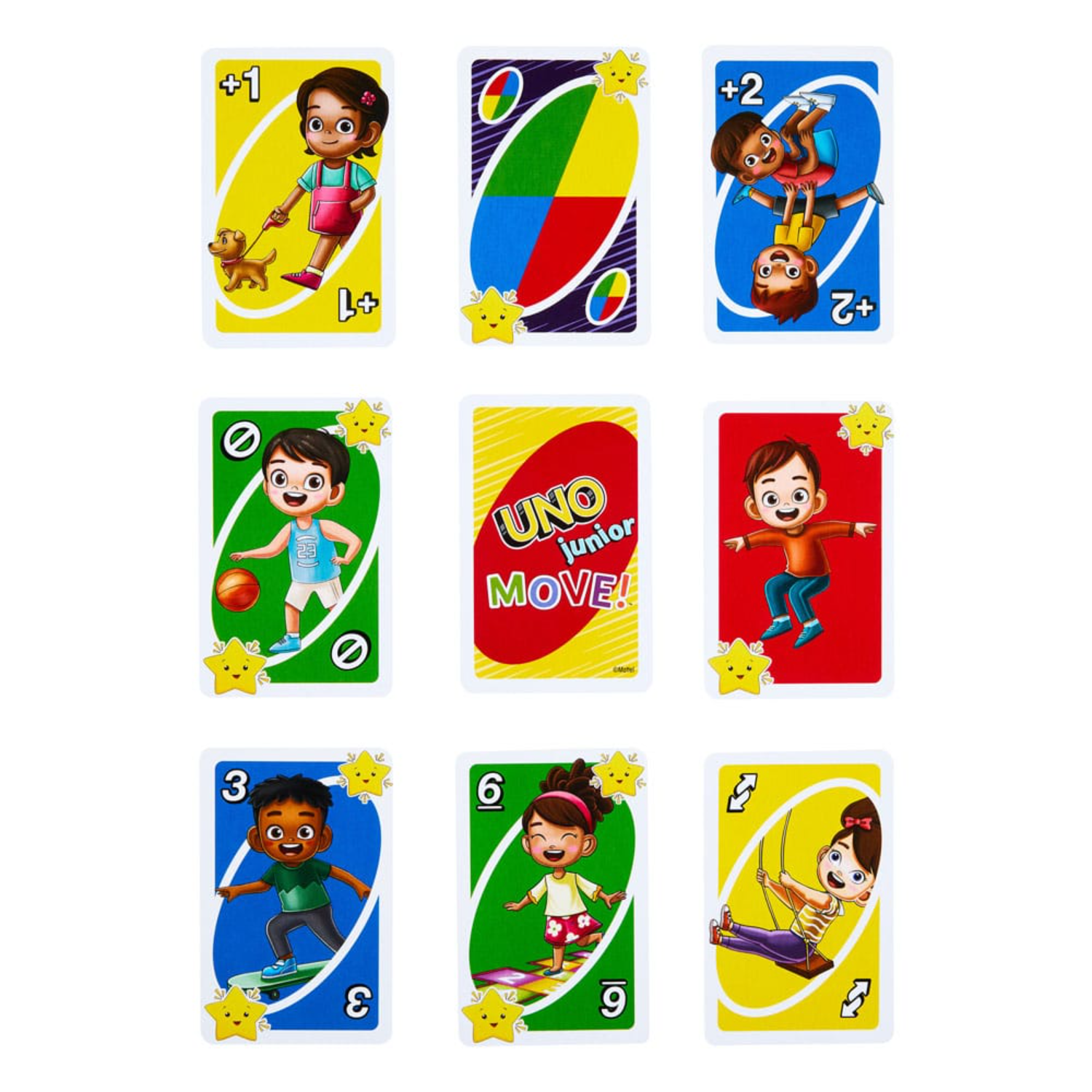 Uno Junior kaarten uitgespreid. Verschillende kaarten tonen kinderen en nummers. Een ster symbool wordt gebruikt.