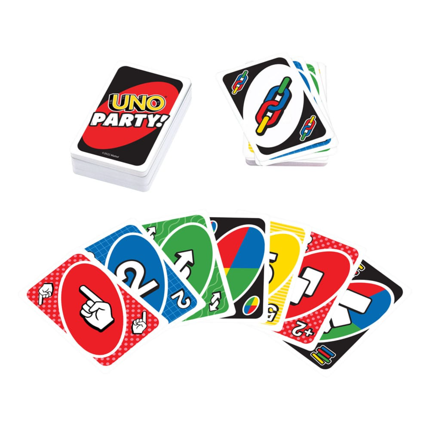 A stack of Uno cards and a few fanned out. Colors include red, green, blue, and yellow.