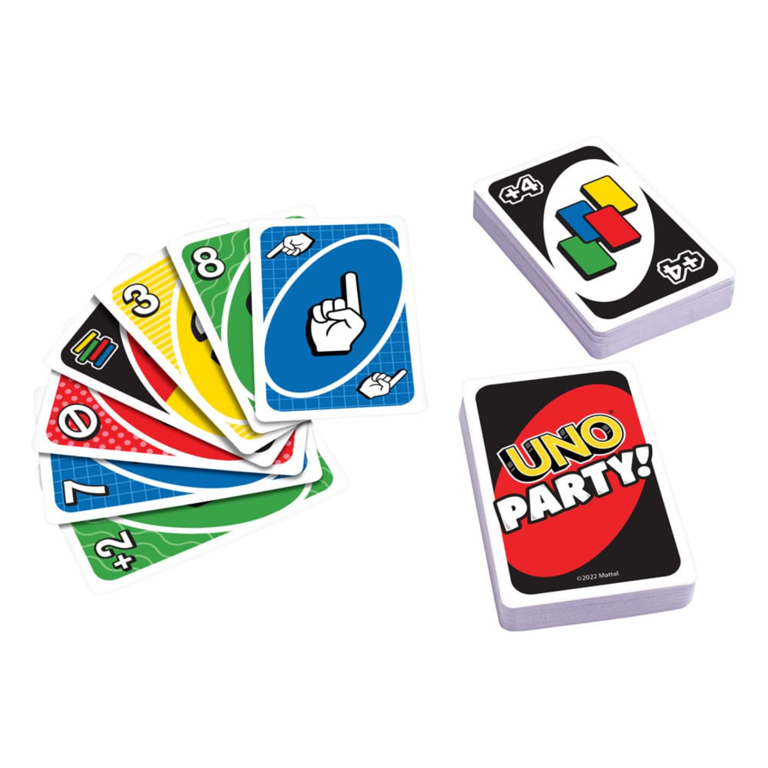 UNO Party card game, multiple cards displayed. Top cards show +4. Red, blue, green, and yellow cards.