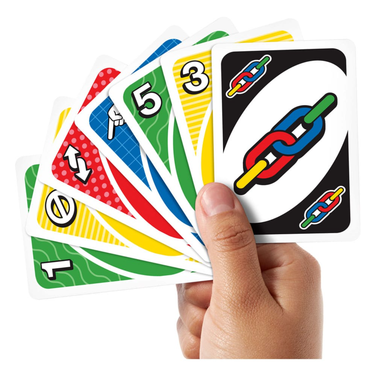 Hand holding a fanned-out deck of UNO cards with a variety of colors and numbers.