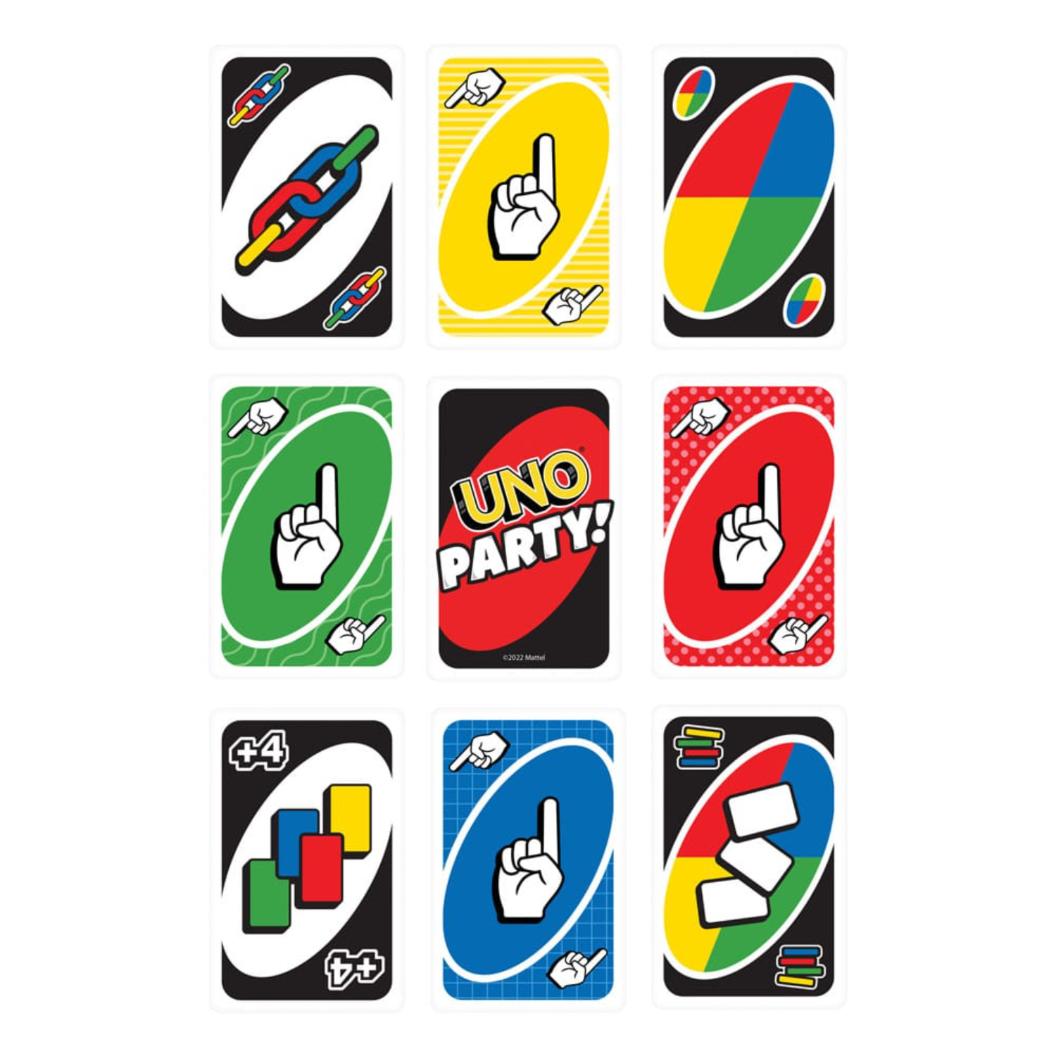 Nine UNO cards are displayed. Various colors and symbols are seen on the cards.