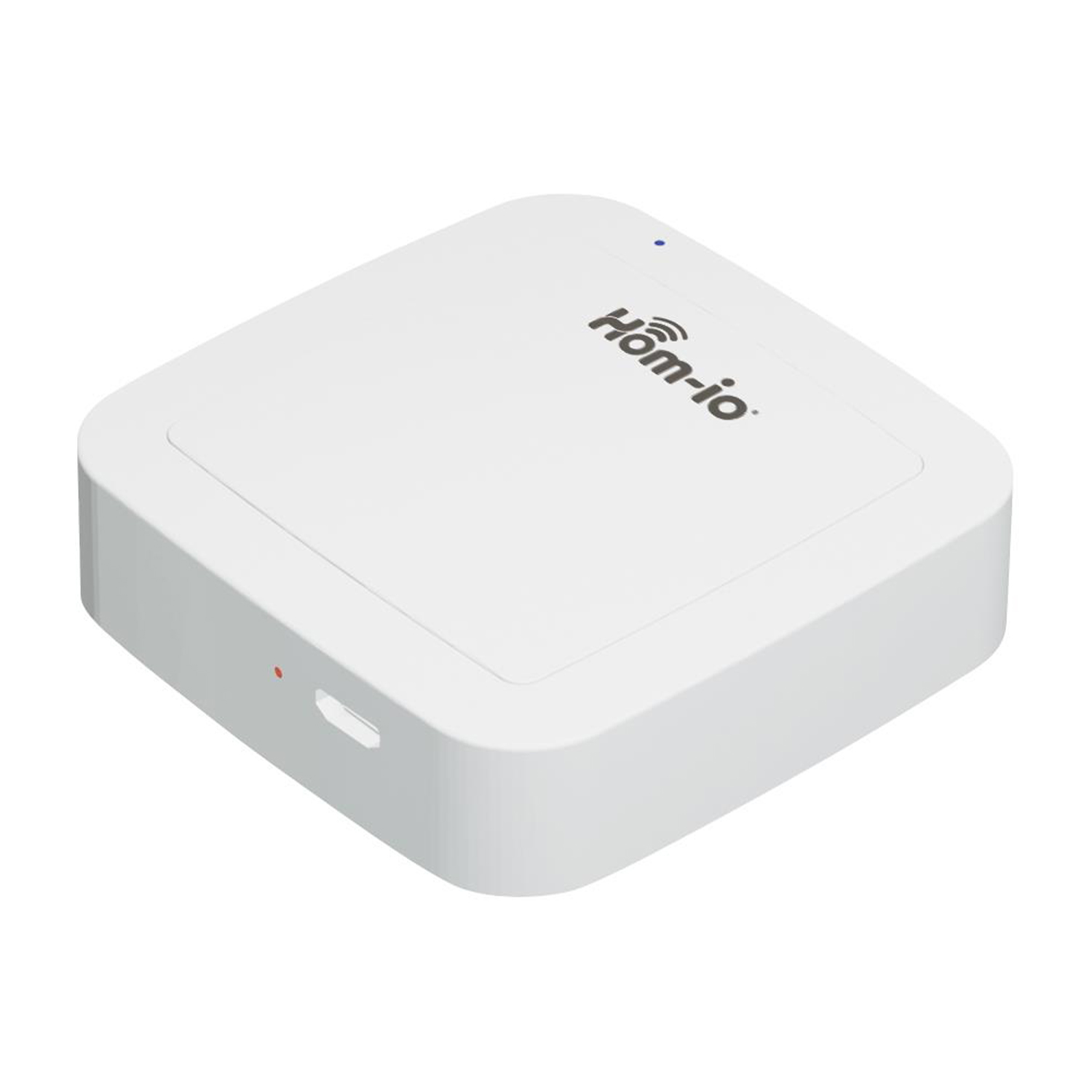 Dispositivo quadrato bianco con logo e due spie.