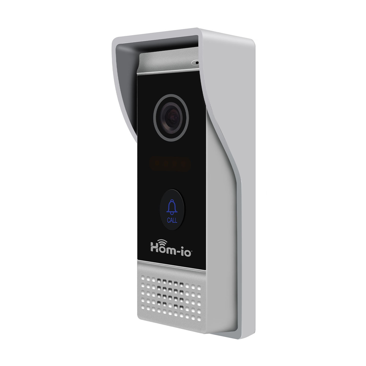 Un campanello intelligente grigio e bianco con fotocamera e pulsante di chiamata, isolato.