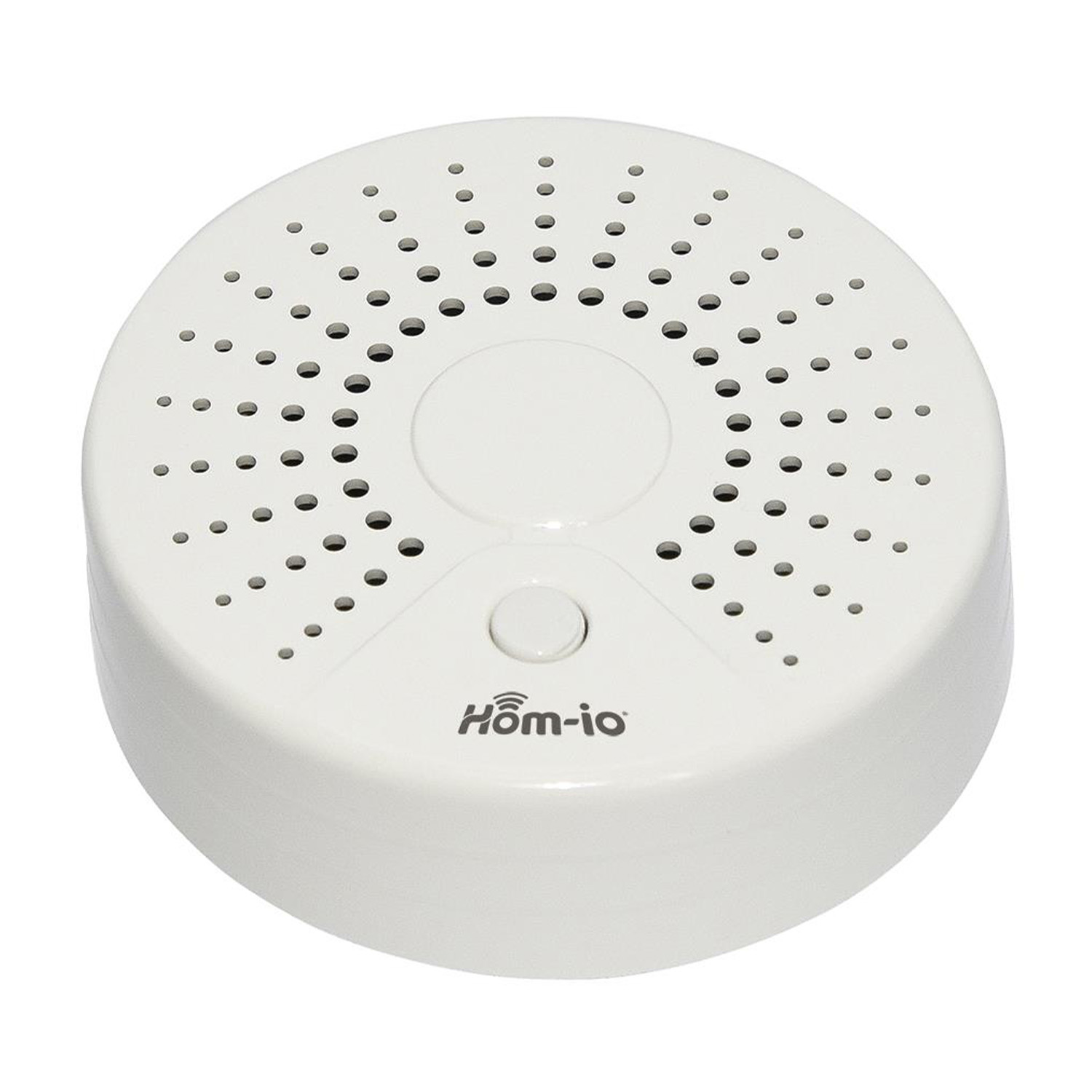 Rilevatore di fumo bianco con logo Home-io, con piccoli fori di ventilazione.