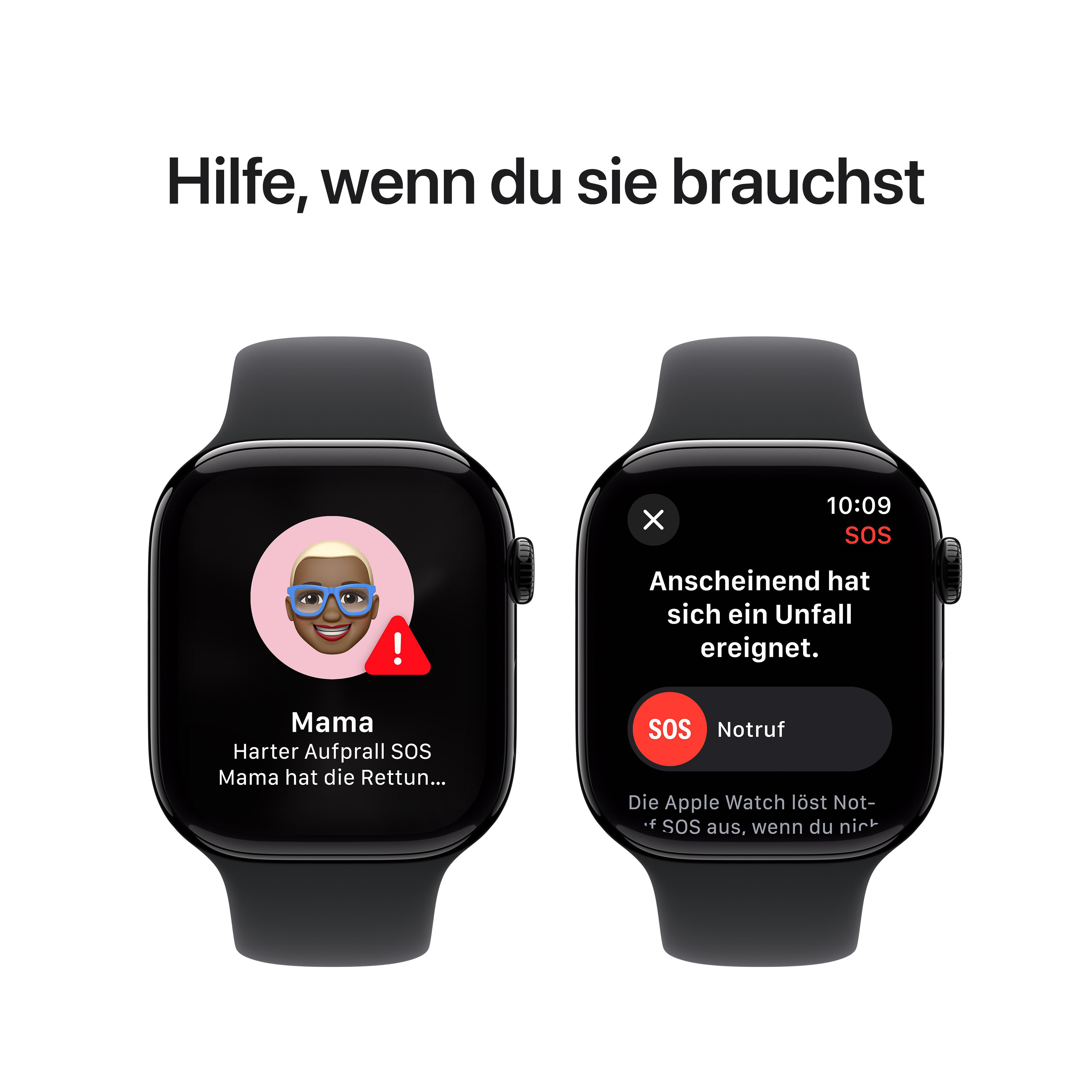 Zwei Apple Watches zeigen Notrufe. Text: SOS. Mama ist gestürzt. Unfall passiert.