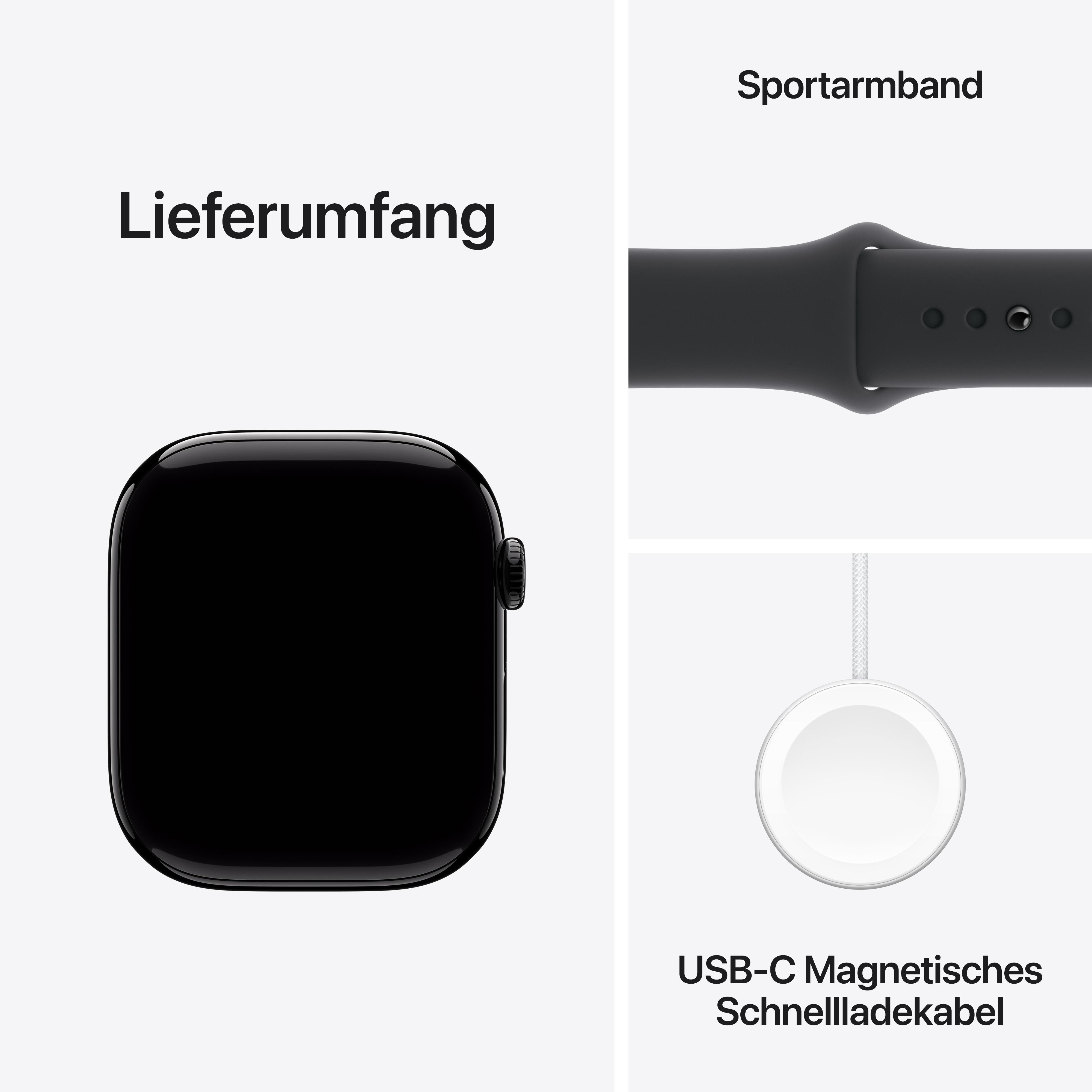 Schwarze Smartwatch. Inklusive Sportarmband, Ladekabel und Ladepad.