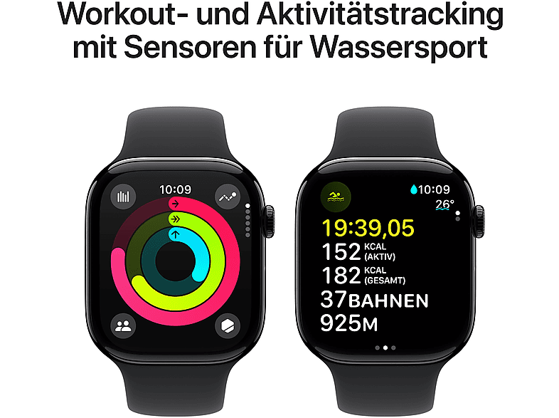 APPLE Watch Series 10 GPS 46 mm Smartwatch Aluminium Fluorelastomer, 160 - 210 mm, Diamantschwarz