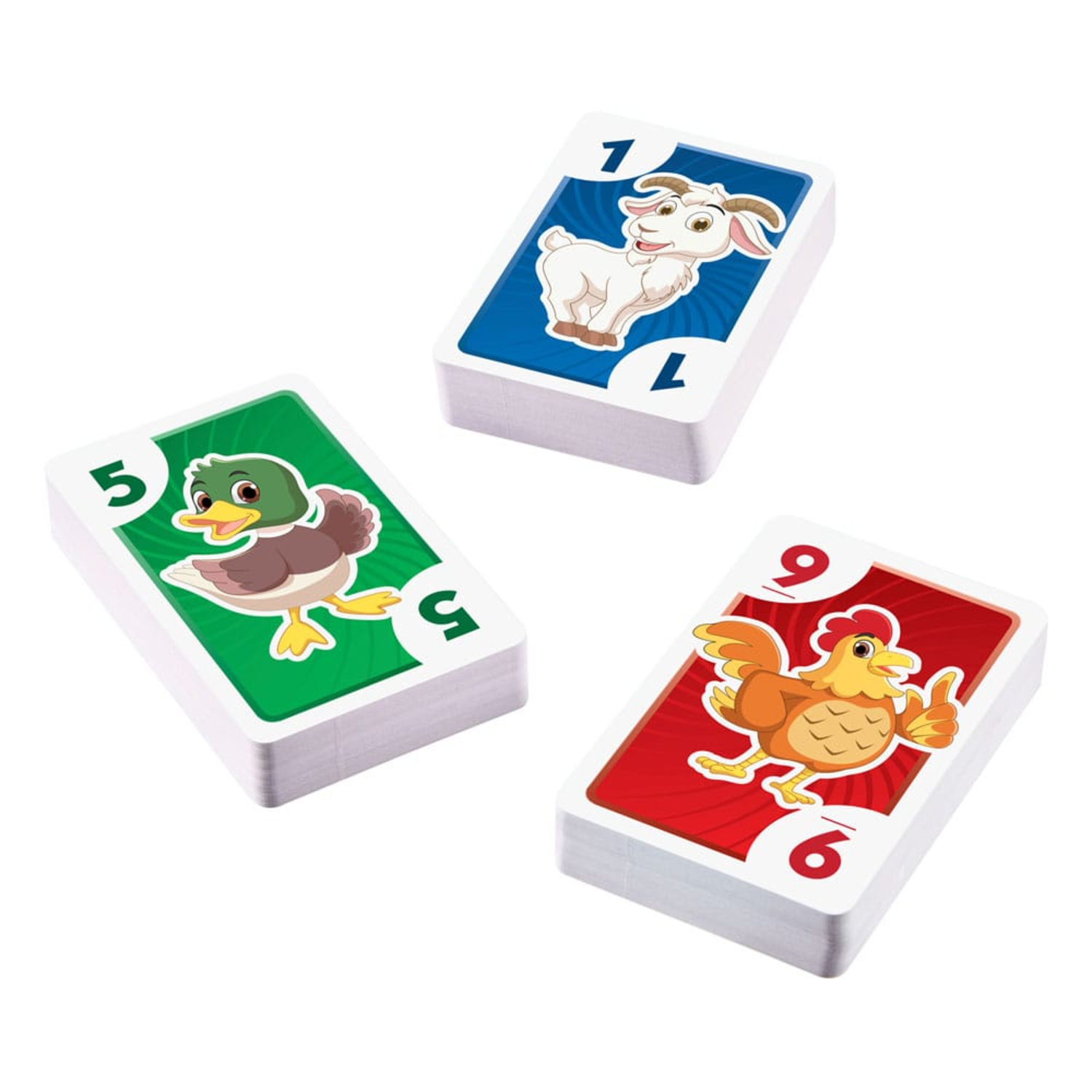 Drie Uno-kaarten: geit, eend en haan. Elke kaart toont een nummer en een dier.