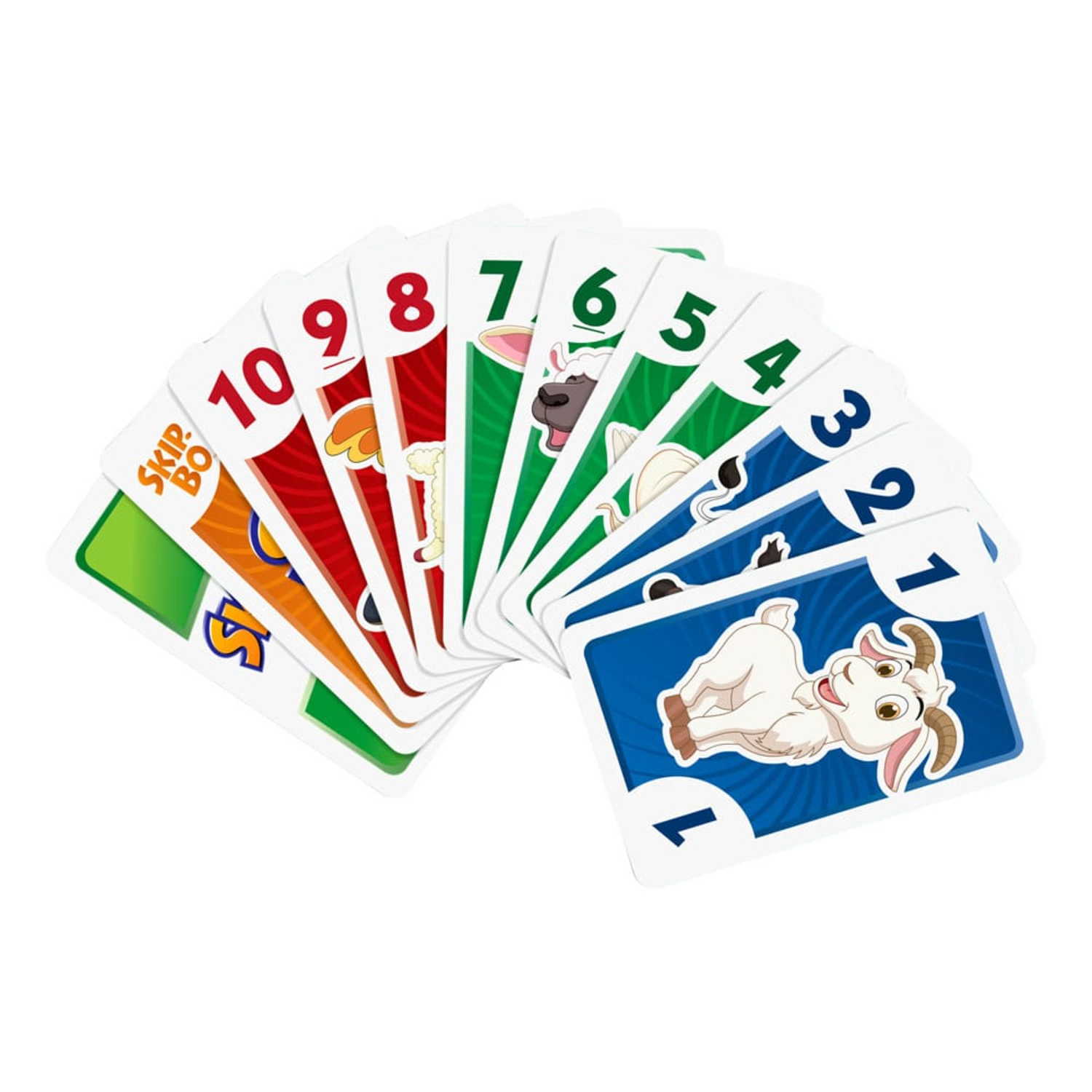 Een Skip-Bo kaartspel waaier met kaarten genummerd van 1 tot 10. De kaarten zijn kleurrijk.