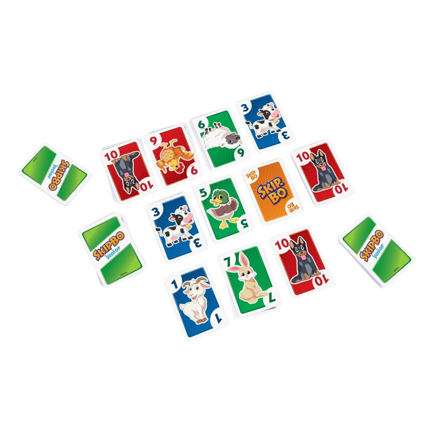 Skip-Bo Junior kaartspel. Kaarten tonen dieren en nummers.