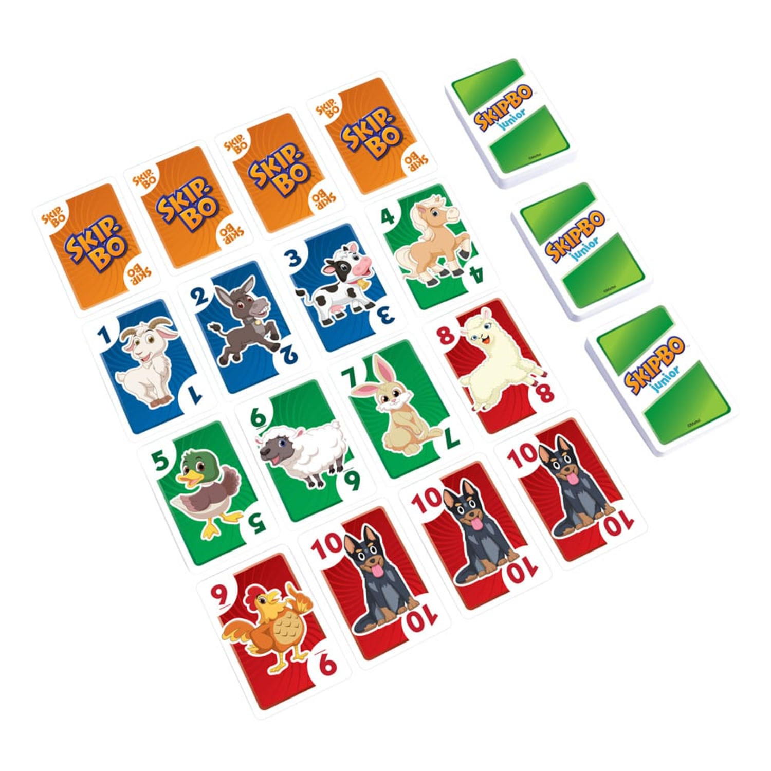 Skip-Bo Junior kaartspel met kleurrijke kaarten, nummers en dierillustraties. Witte achtergrond.