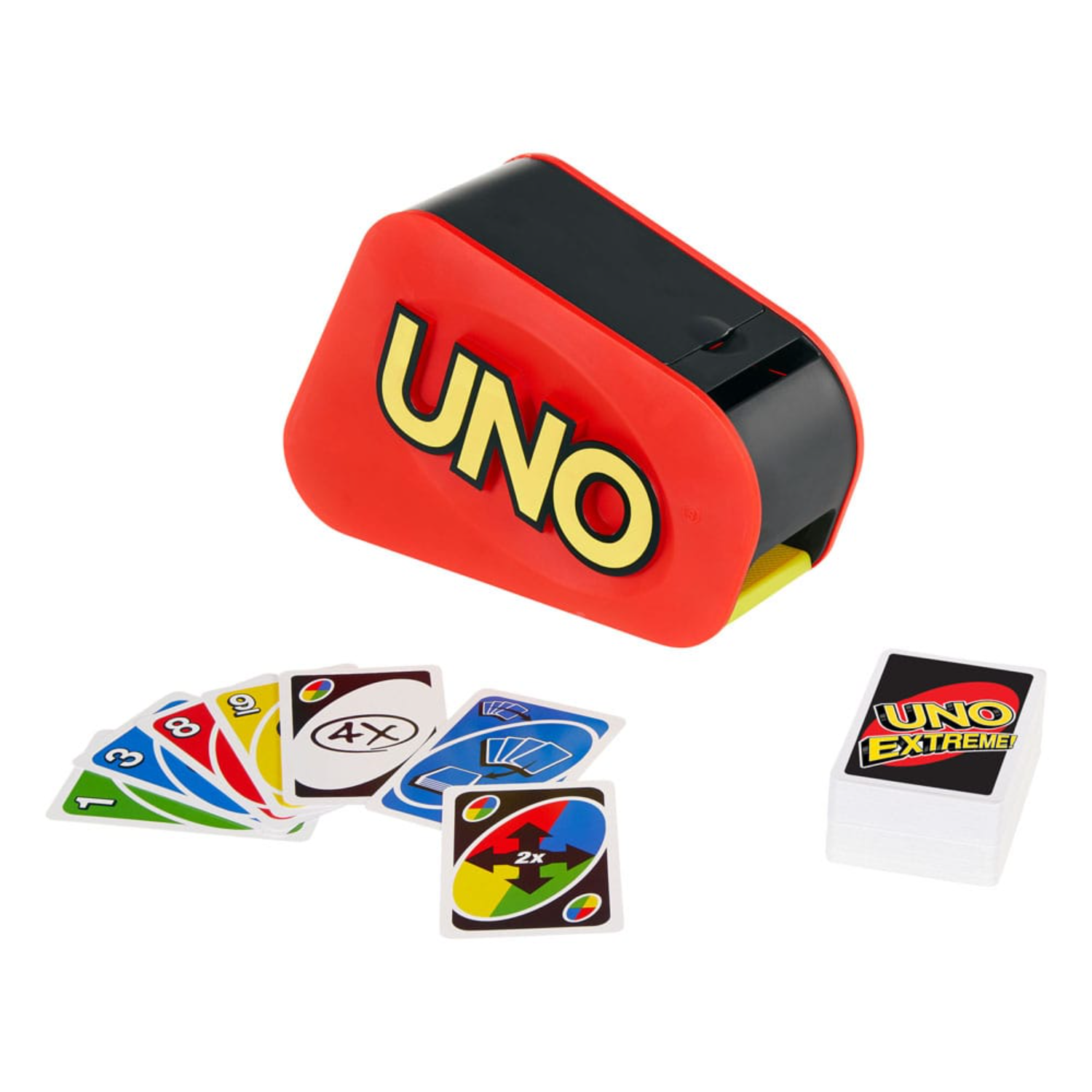 An Uno Extreme game set with cards, a card dispenser, and a stack of cards.