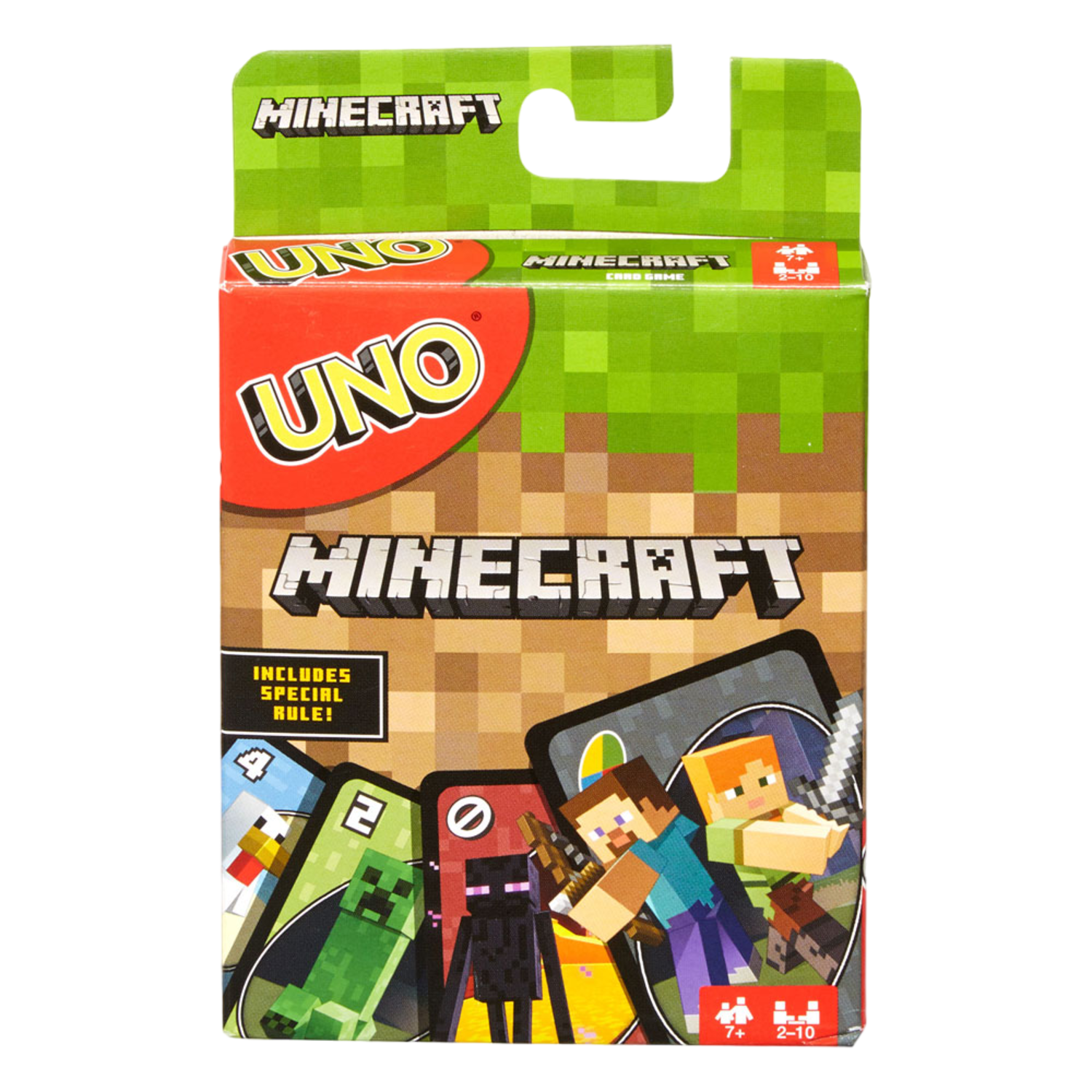 Boîte de jeu de cartes Minecraft UNO. La boîte montre des personnages Minecraft et le logo UNO.