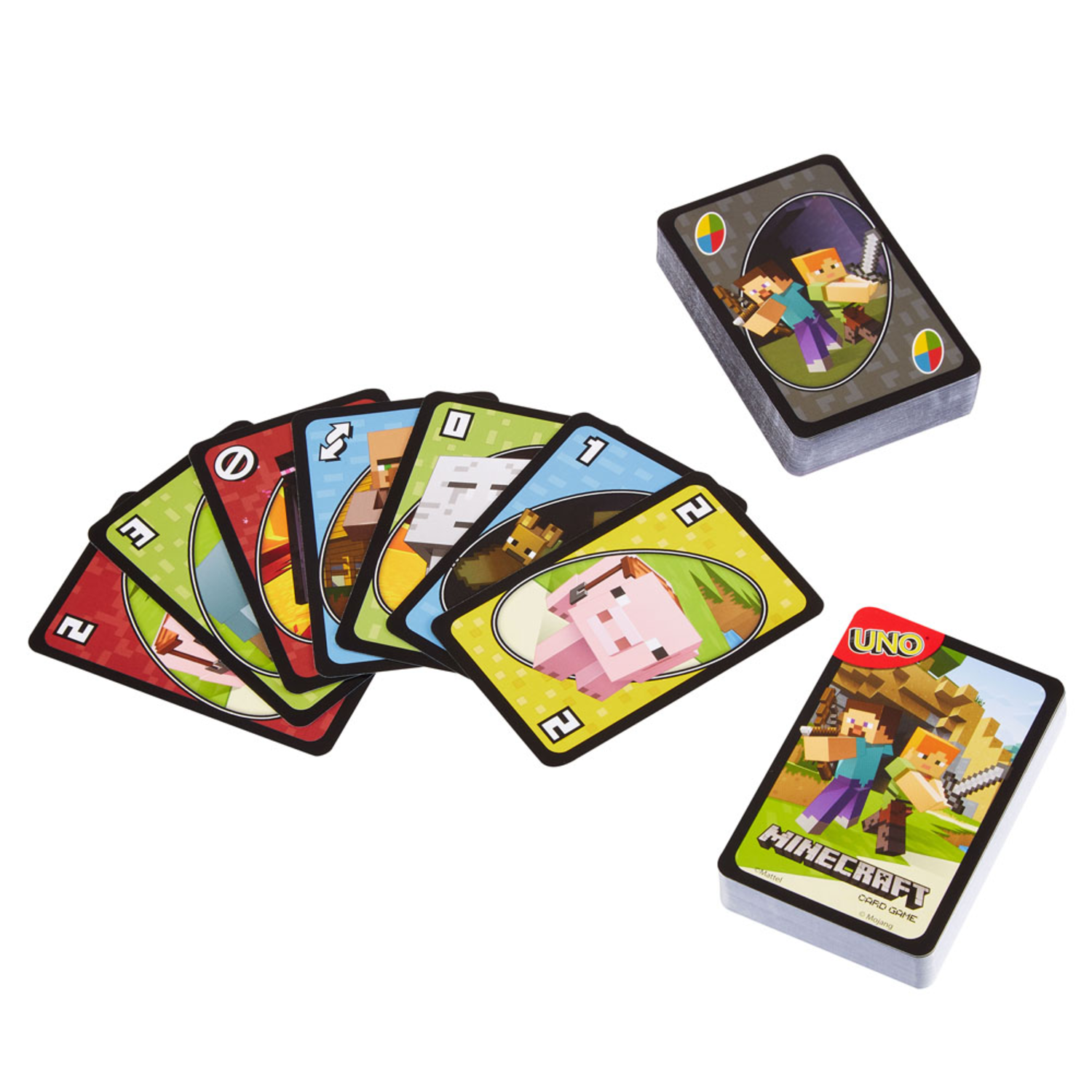 Jeu de cartes UNO Minecraft avec cartes étalées et empilées.
