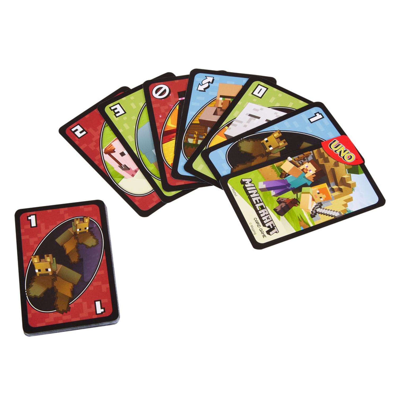 Cartes Uno Minecraft en éventail. Une carte est séparée. Fond blanc.