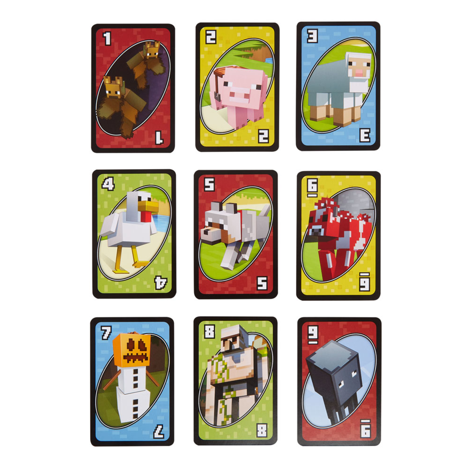 Cartes UNO Minecraft. Divers personnages sur des cartes en grille. Nombres et couleurs.