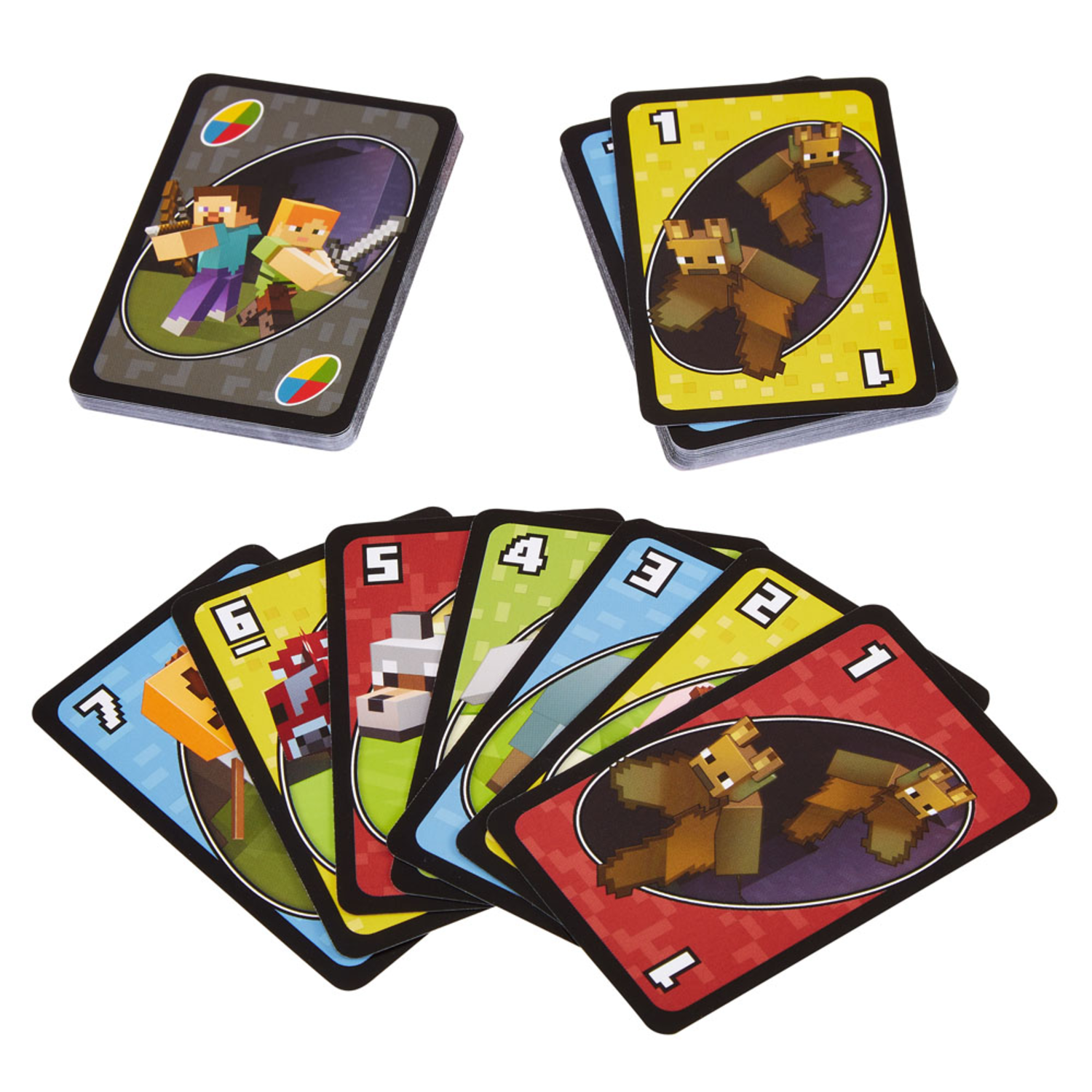 Deux jeux de cartes UNO Minecraft, étalés sur un fond blanc.