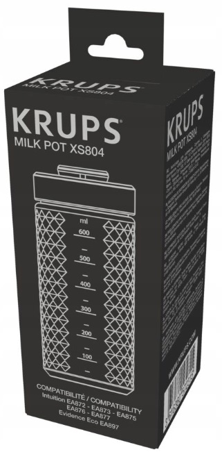 Czarne opakowanie z logo i tekstem KRUPS Milk Pot, pokazujące skalę. Pudełko jest ciemne.