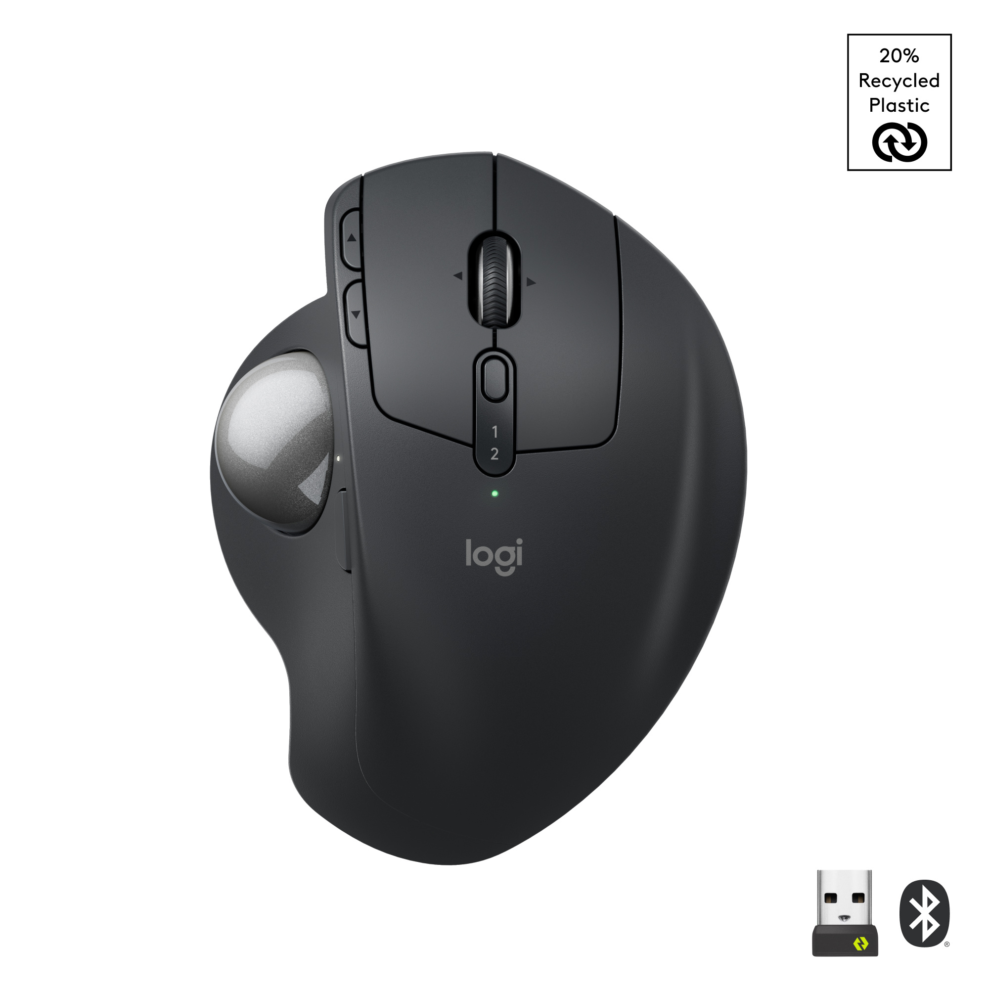 Schwarze Logitech-Maus mit Trackball, Tasten und Scrollrad. Enthält USB- und Bluetooth-Symbol.