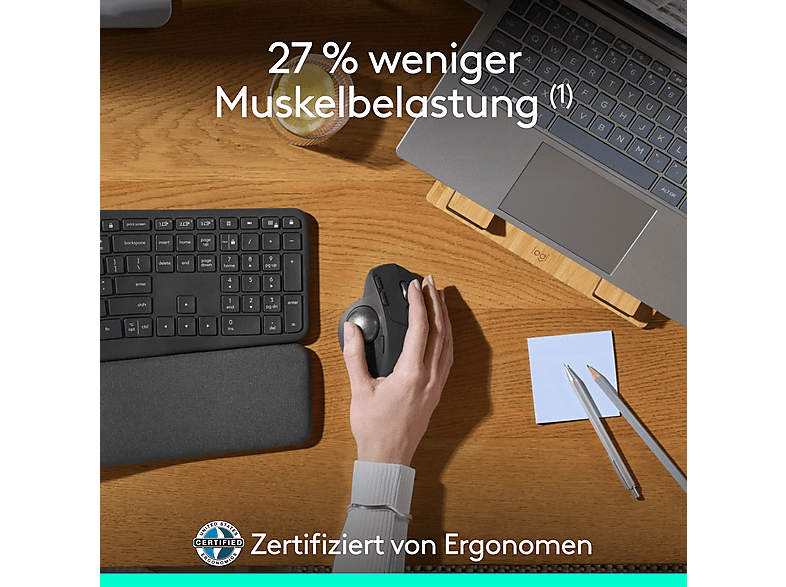 LOGITECH MX Ergo S Ergonomisch geformte, kabellose Trackball Maus, Bluetooth, Grafit — Foto 4 von 5