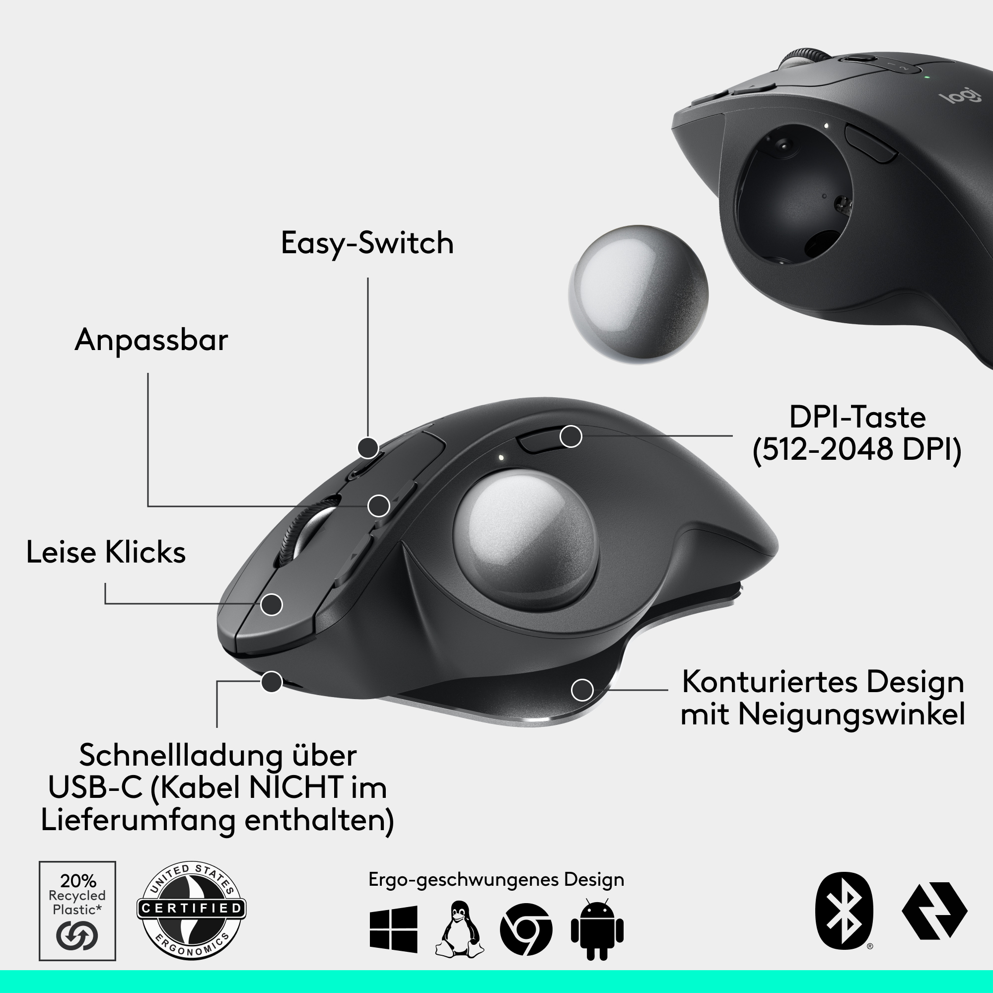 Schwarze ergonomische Maus mit Tasten und Trackball, mit Text beschriftet.