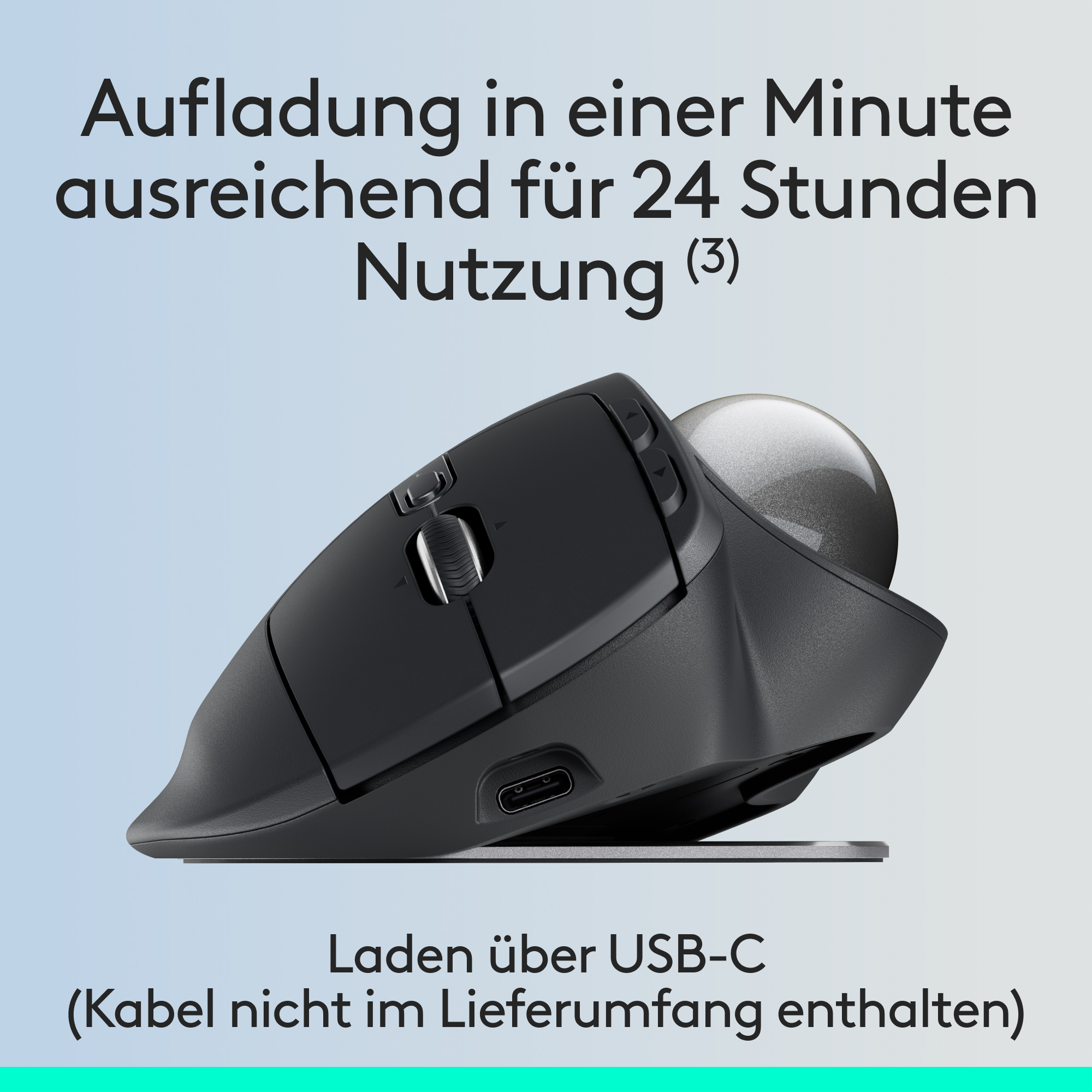Schwarze ergonomische Maus mit Trackball. Die Maus befindet sich auf einer weißen Oberfläche.