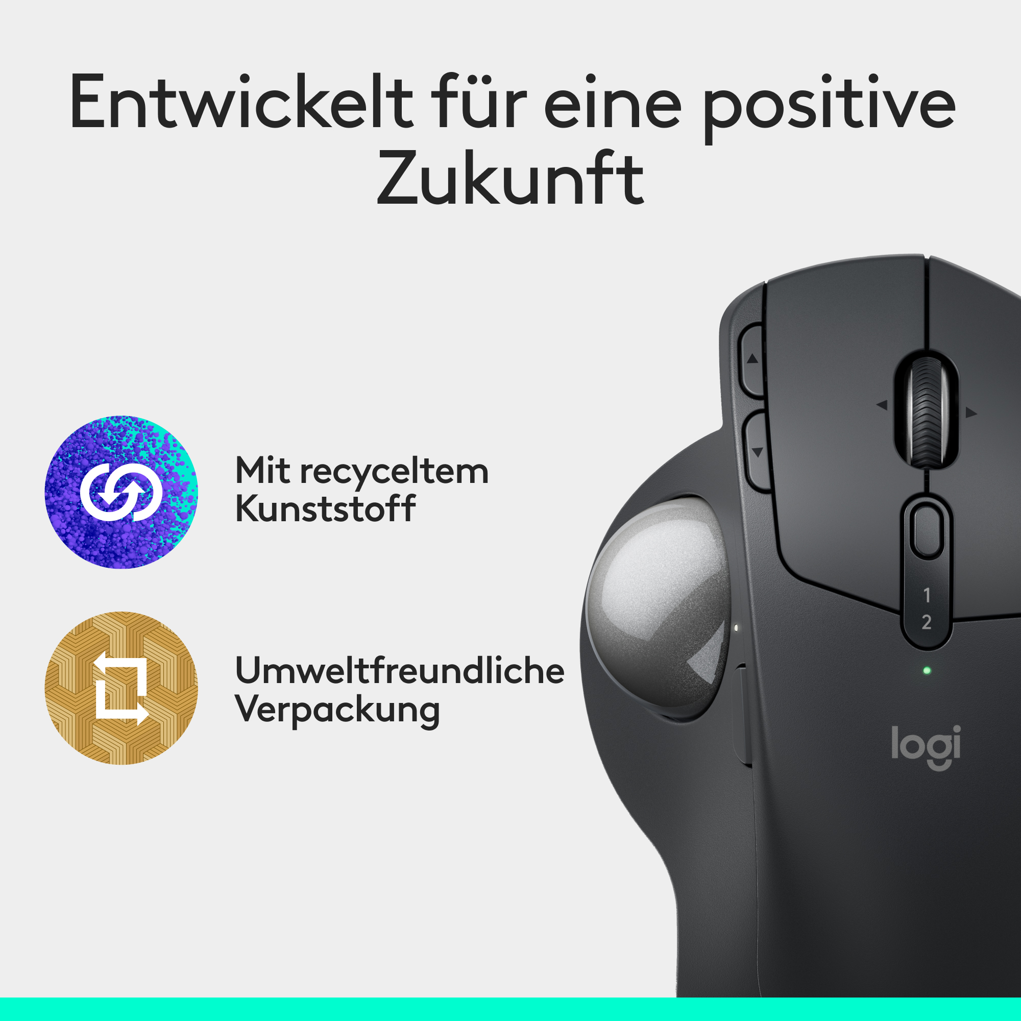 Eine schwarze Maus mit Trackball und Text über recycelten Kunststoff und umweltfreundliche Verpackung.