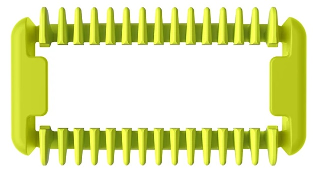 Głowica do golenia w kolorze limonki. Prostokątny kształt z grzebieniowymi zębami u góry i dołu.