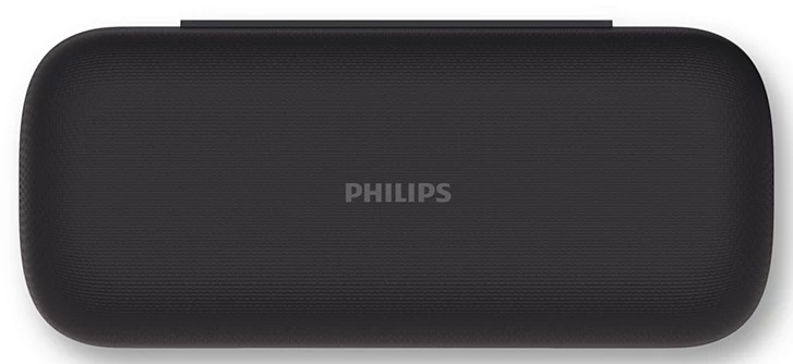 Czarny soundbar Philips, widok z góry. Logo Philips jest wyśrodkowane.